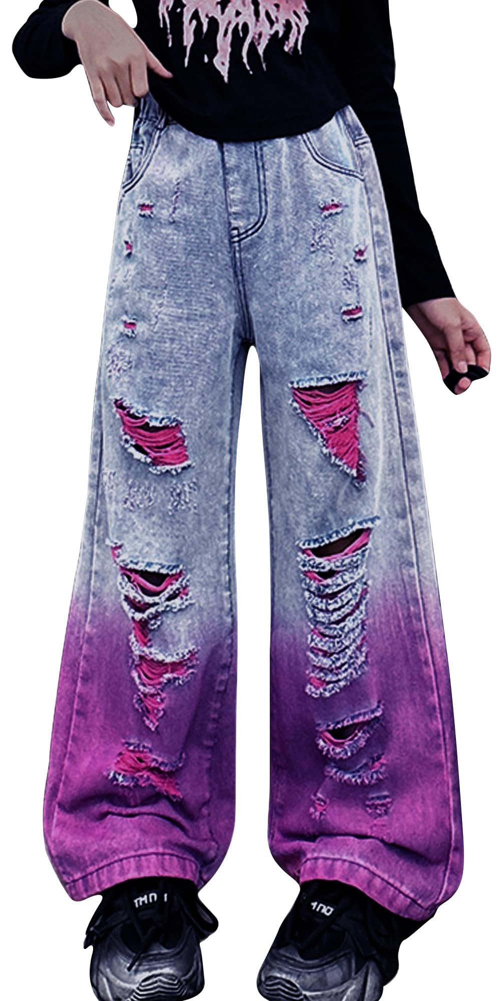 Maeau Zerrissene Jeans mit Weitem Bein für Mädchen, Farbverlauf Denim Hose Gerade, Loose Fit Freizeithose mit elastischem Bund und Taschen, 5-14 Jahre/Höhe 120-170 cm