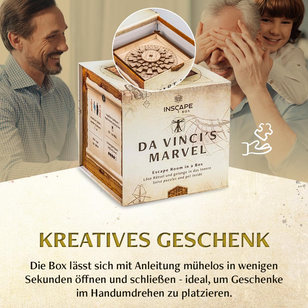 INSCAPE Da Vinci´s Marvel - Rätselbox Holz - Puzzle Box - Escape Room Spiel Erwachsene und Kinder - Knobelspiele für Erwachsene - 3D Holzpuzzle - Cluebox - Denkspiele - Jigsaw Puzzle