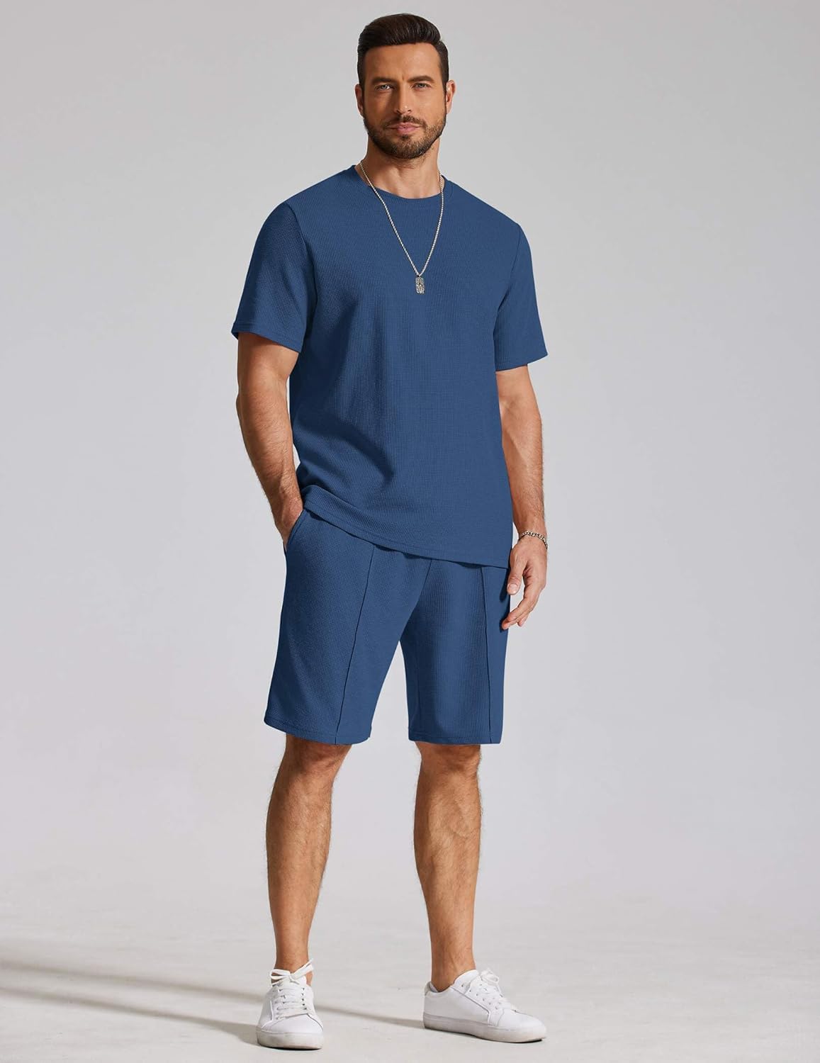 COOFANDY Mens 2 Pieces Outfits Casual Cotton T Shirt and Shorts Set Summer Short Sleeve Waffle Tracksuits - Image 5