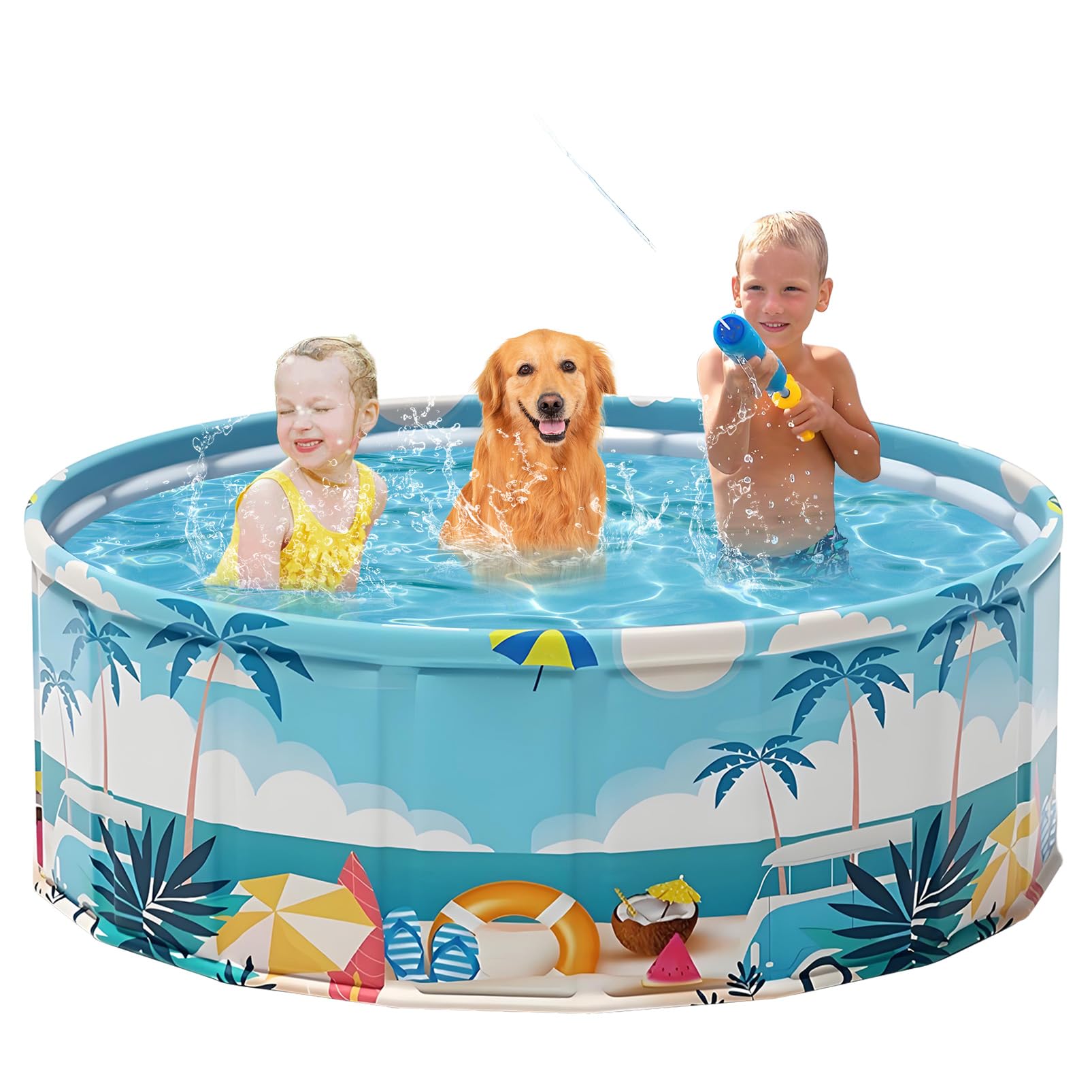 Foldable Swimming Pool for Kids 63"x18" Hard Plastic Portable Dog Pool Anti-Slip Collapsible Pets Bathtub Kiddie Pool Indoor Outdoor Backyard (Beach