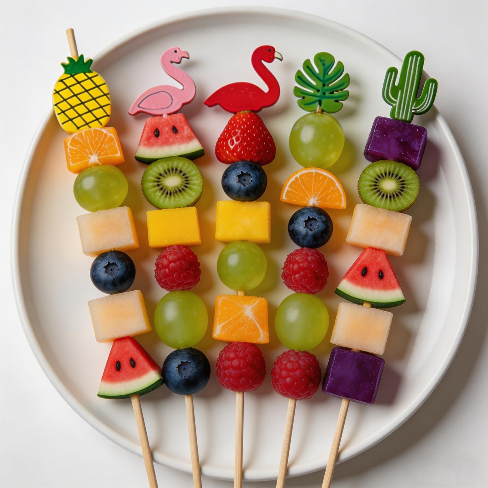 100 spiedini per frutta usa e getta, 12 cm, in bambù, con 5 motivi, fenicottero, monstera, ananas, cactus, spiedini in legno per fingerfood frutta, bevande, cocktail sticks