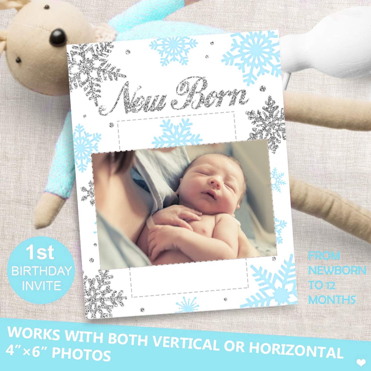 Snowflake Winter Onederland Photo Banner - Monthly Newborn to 12 Months Photo Banner for Winter Onederland 1st Birthday Decorations Blue Christmas Snowflake 1st Birthday Decorations