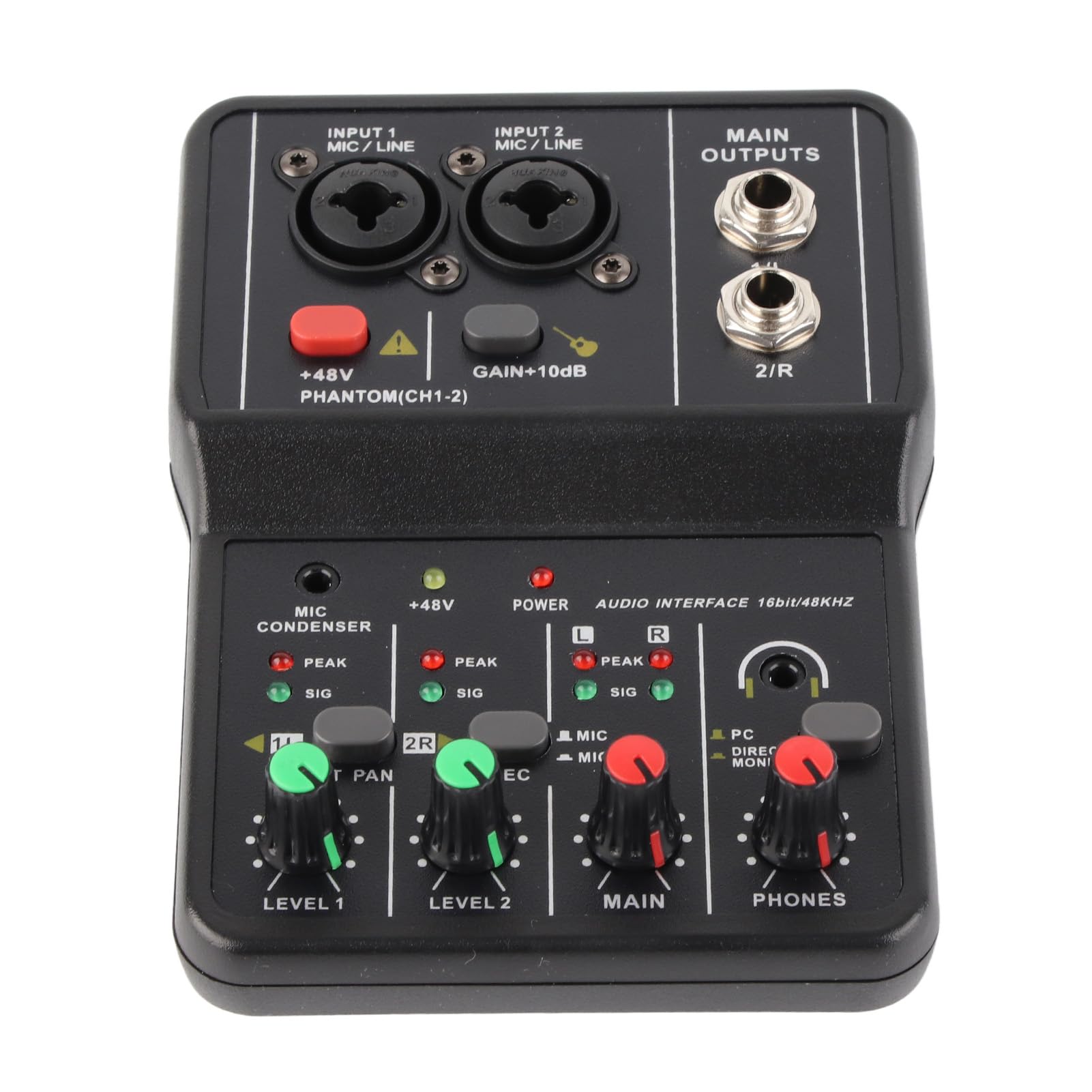 Mélangeur Audio 2 Canaux, Interface pour PC DJ Table de Mixage USB 48V Alimentation Fantôme Console Sonore Compacte Enregistrement Musique Accueil Internet Karaoké Studio Show