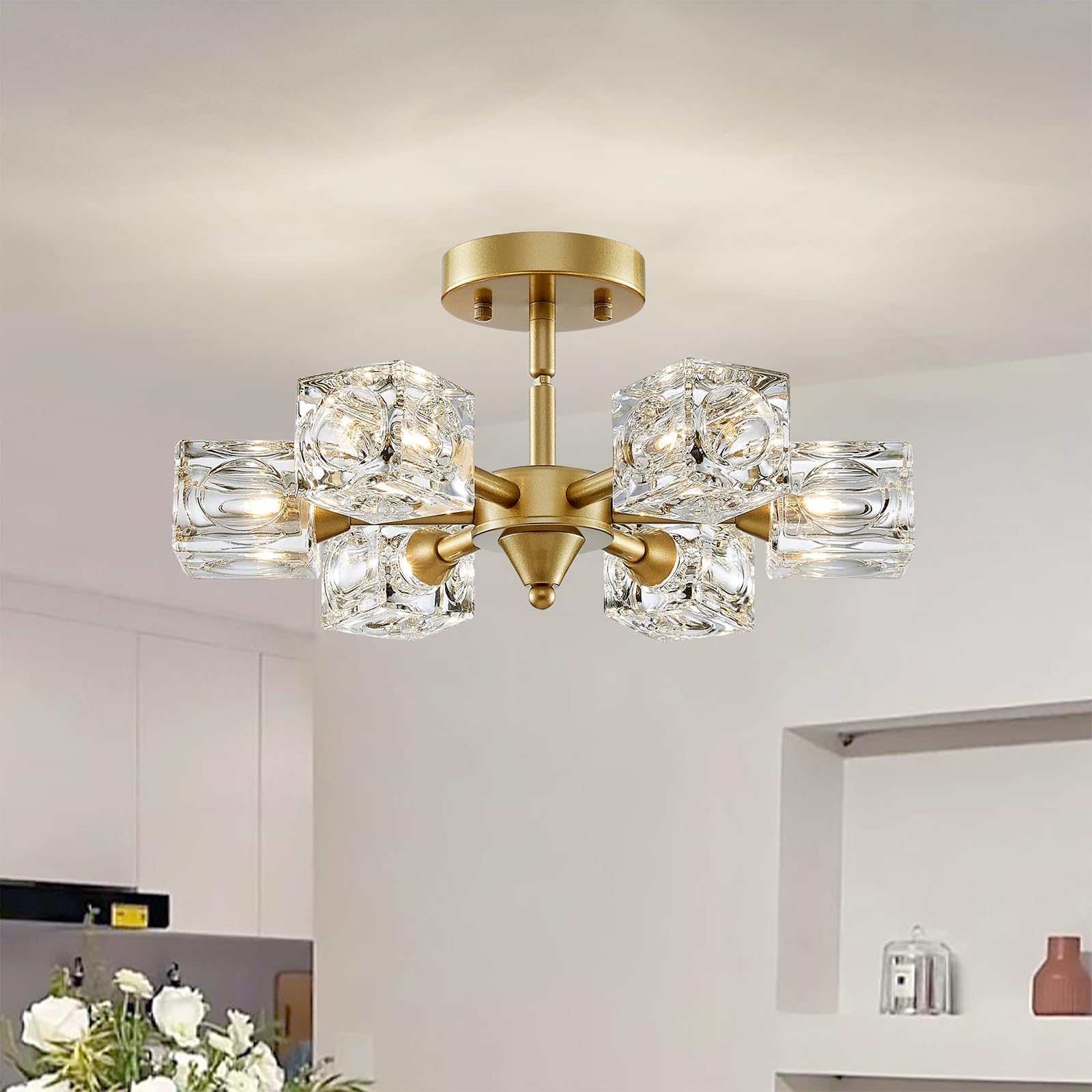 XINGQI Gold Semi Flush Mount Ceiling Light Fixture Modern 6 Lights Small Sputnik Chandelier, Antique Chandeliers Fashion Lighting for Bedroom Dining Room Farmhouse Kitchen Office