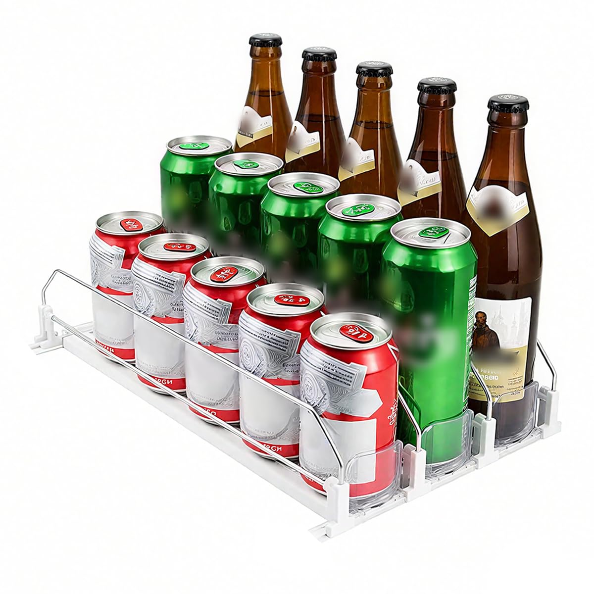 Organizer Frigorifero 31cm – Automatica Porta Bottiglie Frigorifero, Fermabottiglie Frigorifero, Fridge Organizer per 12 Lattine, 3 File, Accessori Frigorifero Salvaspazio