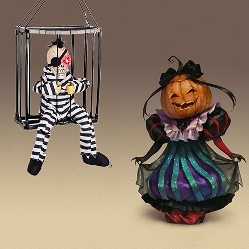 Miniatura 6 de Fsocpen Animated Halloween Decorations,Scary Screaming Skull Cage Prisoner Halloween Decoration,Light Up Eyes Spooky Scary Cage Ghost Clown Prisoner