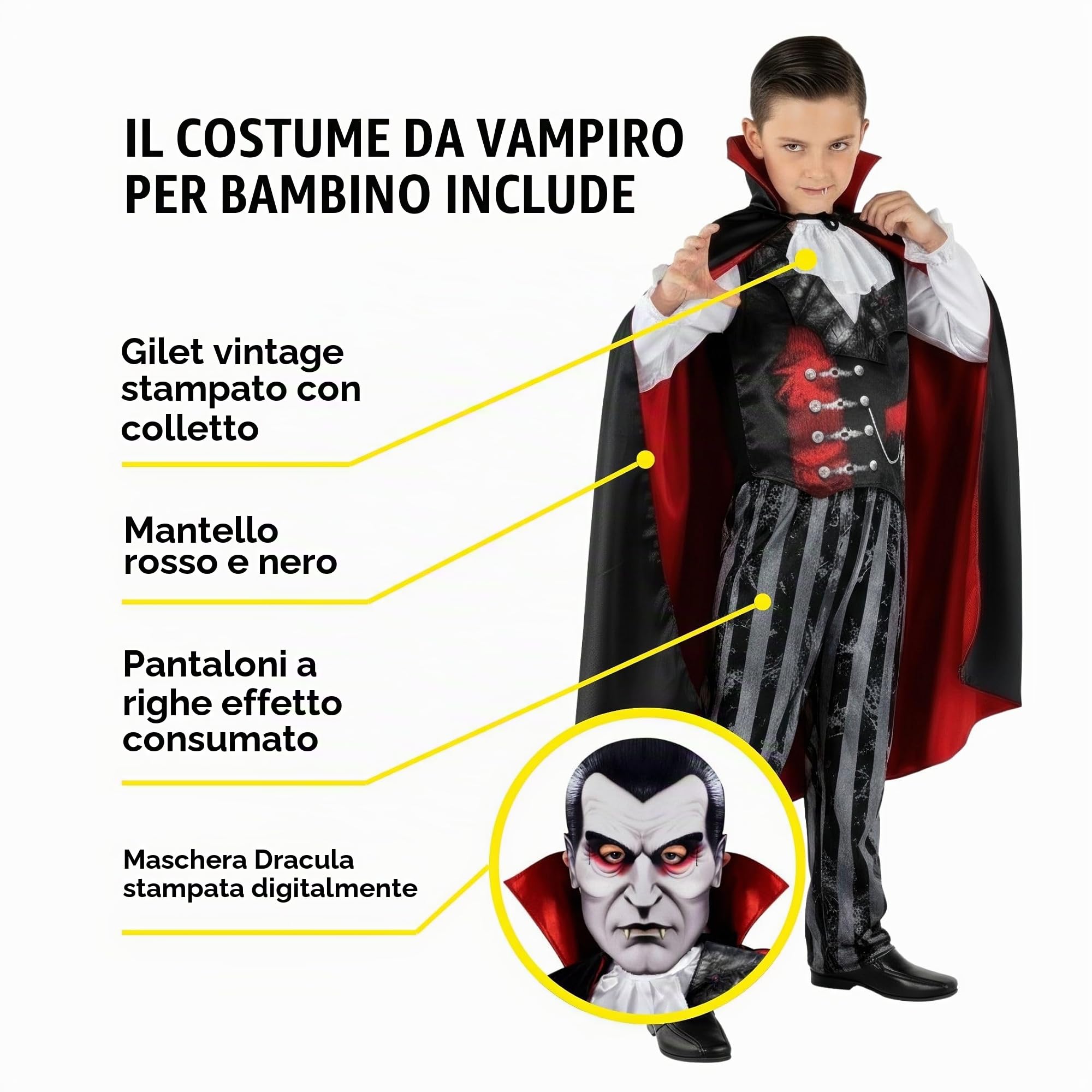 Morph Costume Dracula Bambino, Vampiro Halloween Bambino | Gilet Vintage, Pantaloni a Righe, Mantello & Maschera, Design Vampiro, Perfetto per Halloween, Ideale per il Gioco di Ruolo