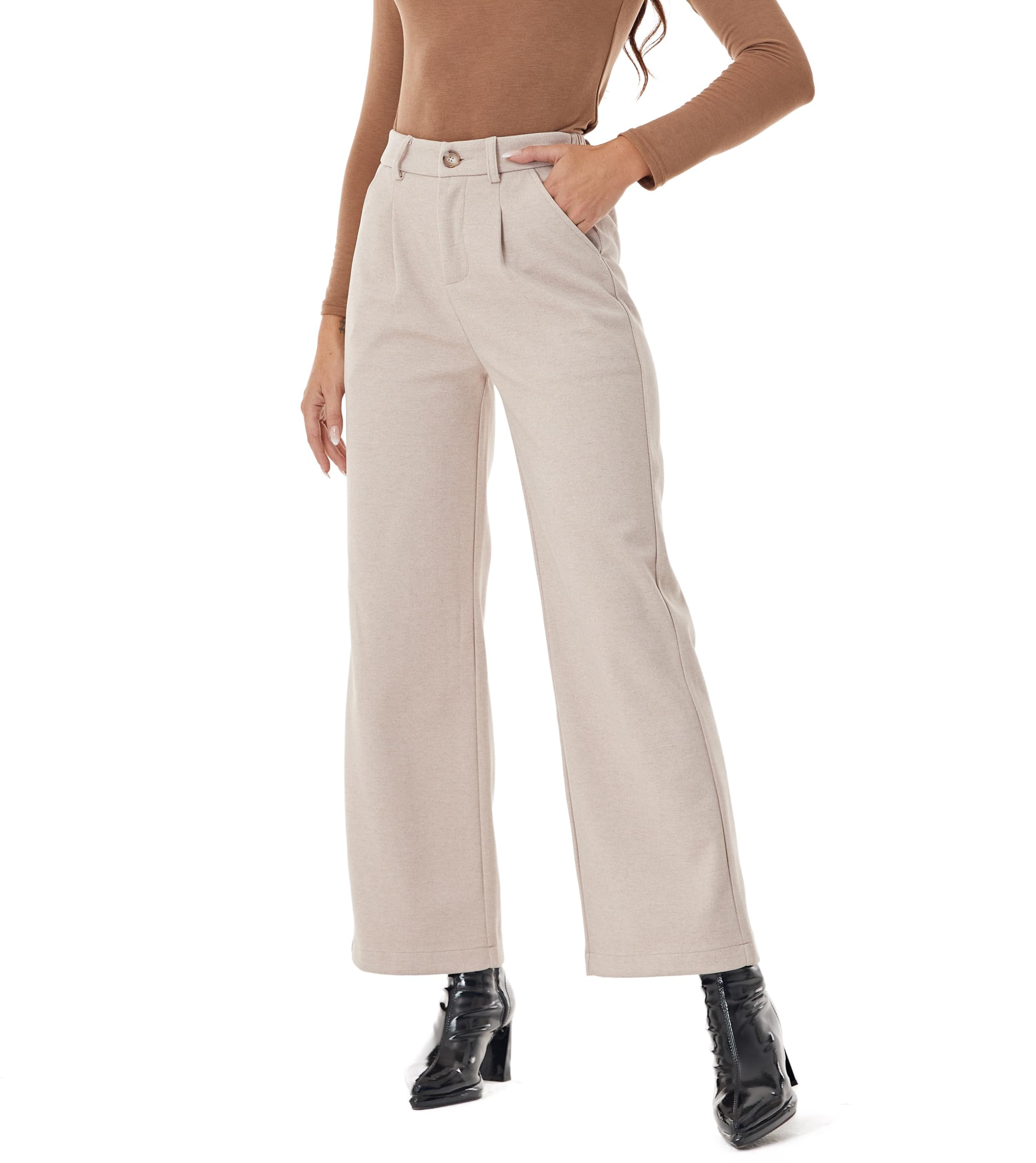 Fakanhui Womens Wool Blend Dress Pants Winter Warm Wide Leg High Waist Casual Work Slacks Trouser Pants