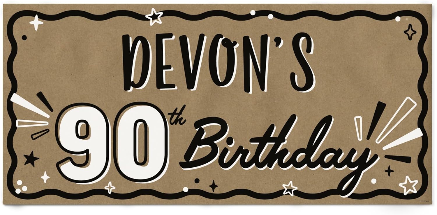 Big Dot of Happiness Personalized 90th Birthday Kraft Paper Banner, Black & White Custom Name Birthday Banner, Printed Brown Paper Party Sign Decoration – 1 Count