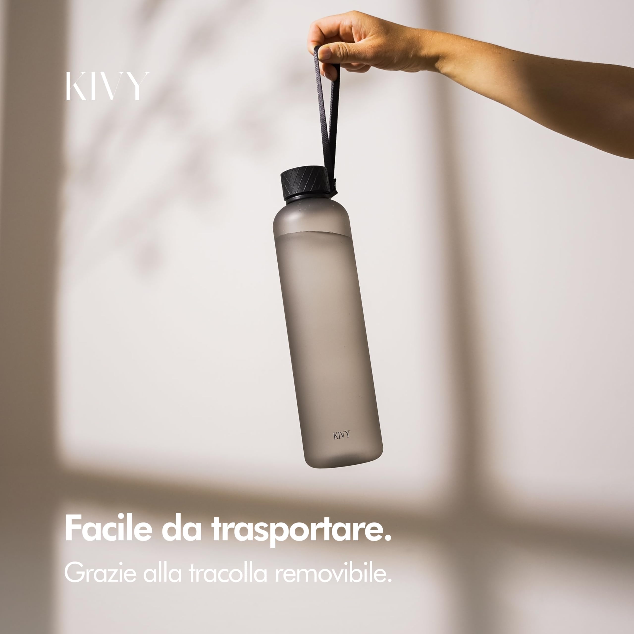KIVY Borraccia 1 litro - Antigoccia e Antiurto – Perfetta per Sport, Scuola e Ufficio - Borraccia Palestra - Bottiglia 1 Litro - Bottiglia Acqua - Plastica Borracce Sportiva 1l - Senza BPA - Cenere