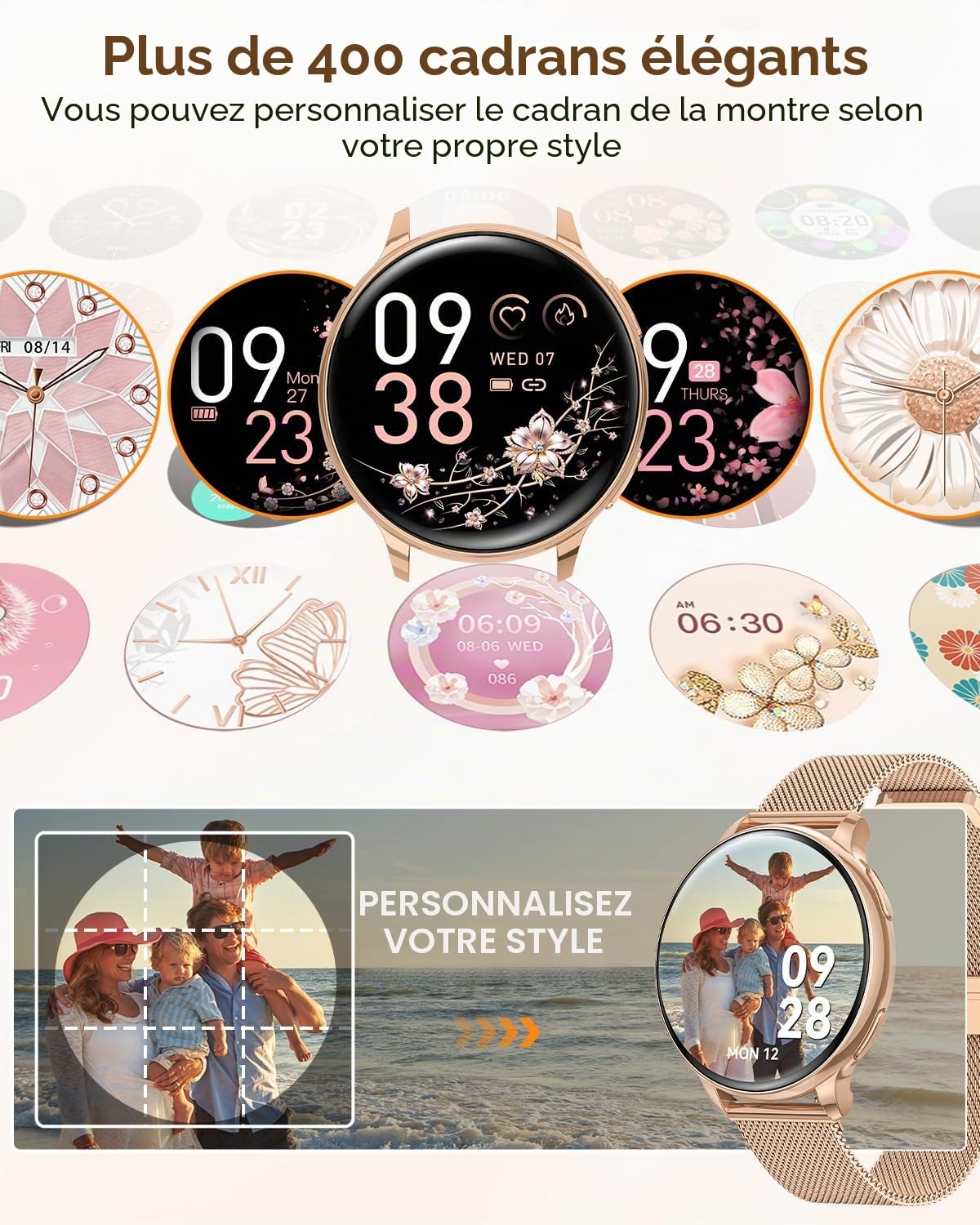 Montre Connectée Femme avec Appel Bluetooth, 1.27" Smartwatch avec Fréquence Cardiaque, Moniteur de Sommeil, Podomètre Calories, Spo2, 120+ Modes Sportifs Étanche IP68 Android iOS (Or)