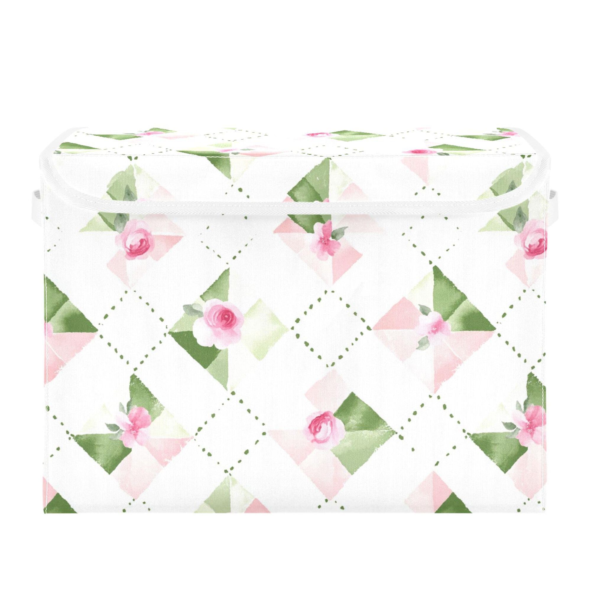 ALAZA Storage Boxes with Lids, Collapsible Fabric Storage Cubes with Handle Pink Rose Lattice Closet Organizers Basket Shelves Bins Cabinet for Home Bedroom Office