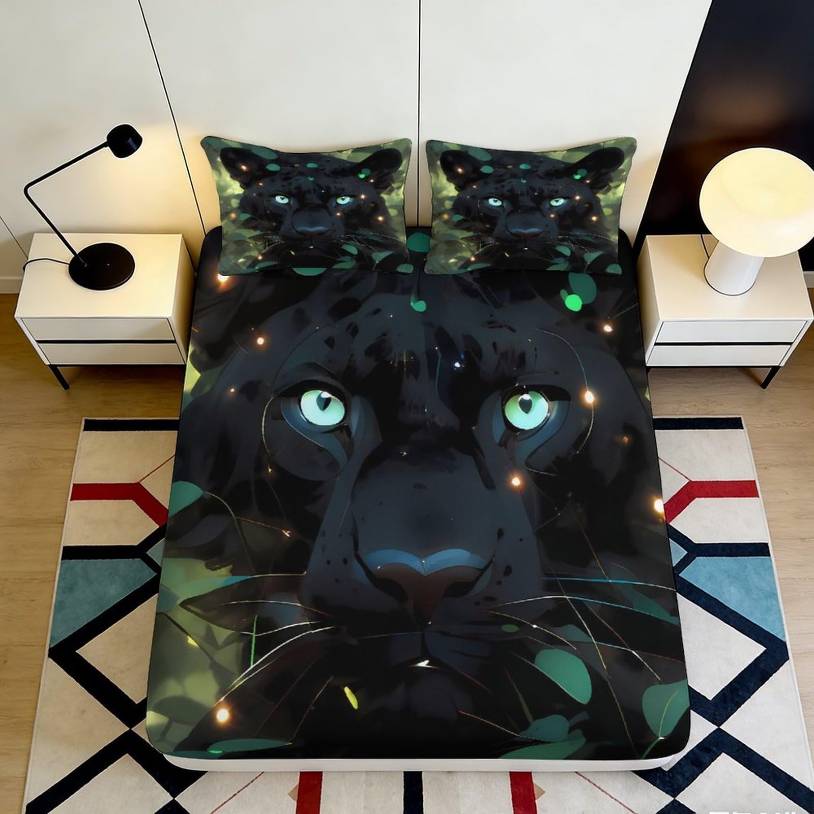 3D Printed Black Panther Fitted Sheet Microfiber Soft Breathable Jungle Night Mattress Cover Bedroom Dorm Decor 90x200x25cm