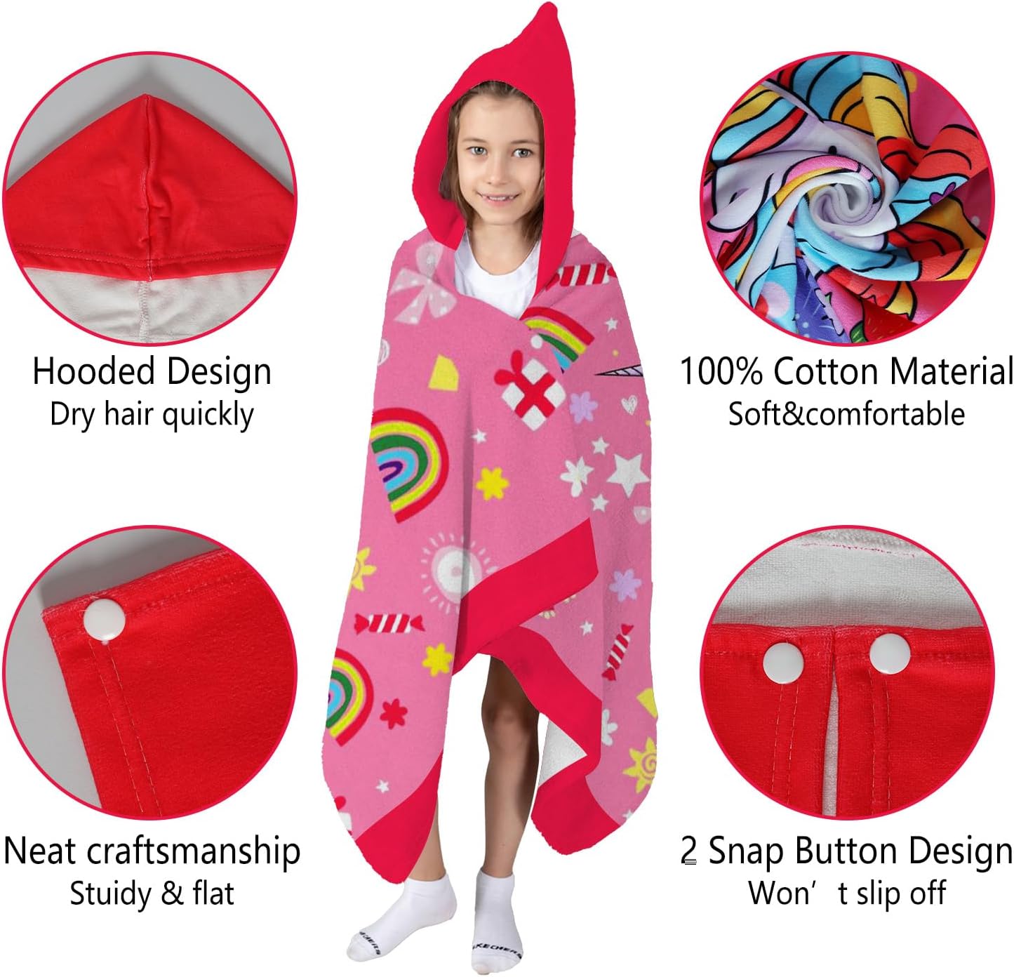 Thickened Hooded Towels for Kids Suitable Girls Boys Kids Bath Towels, 30"x50" Super Absorbent, Unicorn Cute Cartoon Toddler Towels Multi-Purpose for Beach, Pool and Bathroom - Image 4