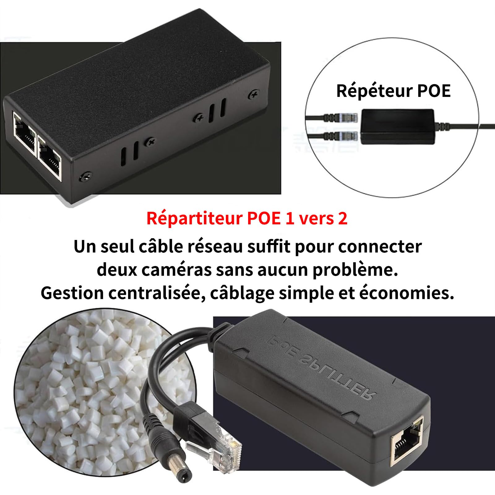 Séparateur PoE Gigabit 48V vers 12V,Splitter Ethernet RJ45,Lot 2 | IEEE 802.3af,Sortie 12V Stable,1000 Mbps,Compatible Caméra IP, PTZ, CCTV, AP WiFi