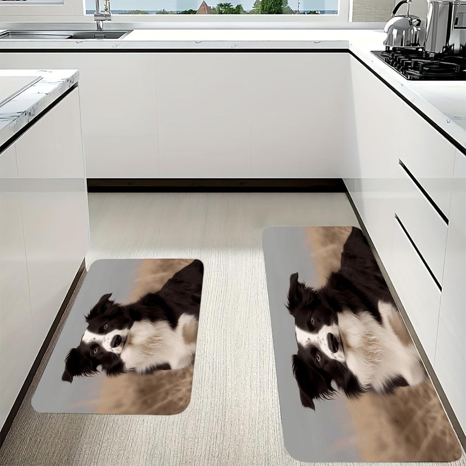 Border Collie Kitchen Mat Washable Non Slip Rugs Soft Kitchen Mats for Floor Set of 2 PCS Cushioned Absorbent Runner Standing Rugs for Home Sink Laundry Office