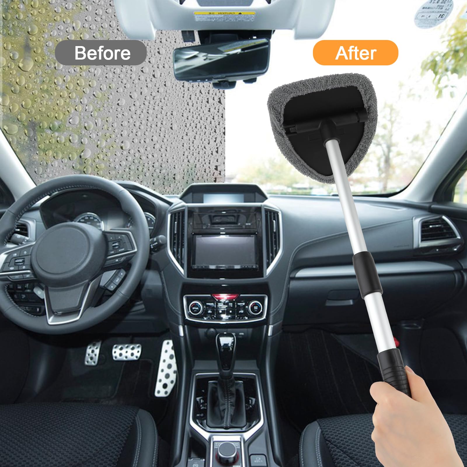 Herramienta limpiadora de parabrisas, herramienta de limpieza de ventana interior de automóvil con 4 almohadillas de microfibra reutilizables, 2 asas extensibles y 2 botellas de pulverización, kit de 6