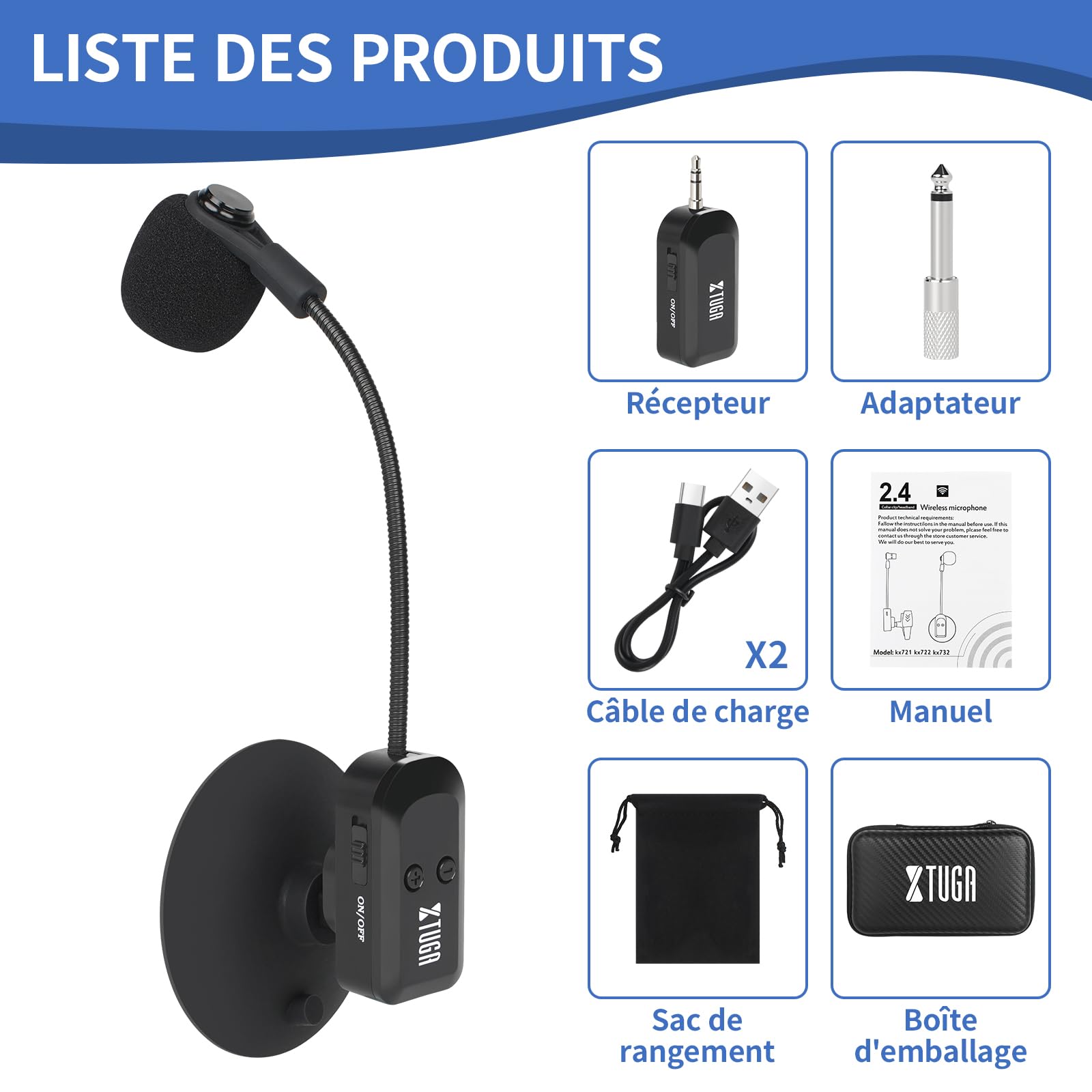 XTUGA Microphone sans Fil pour Instrument 2.4G Rechargeable Guitare Violon Violoncelle Batterie 6 Heures KX-722-1