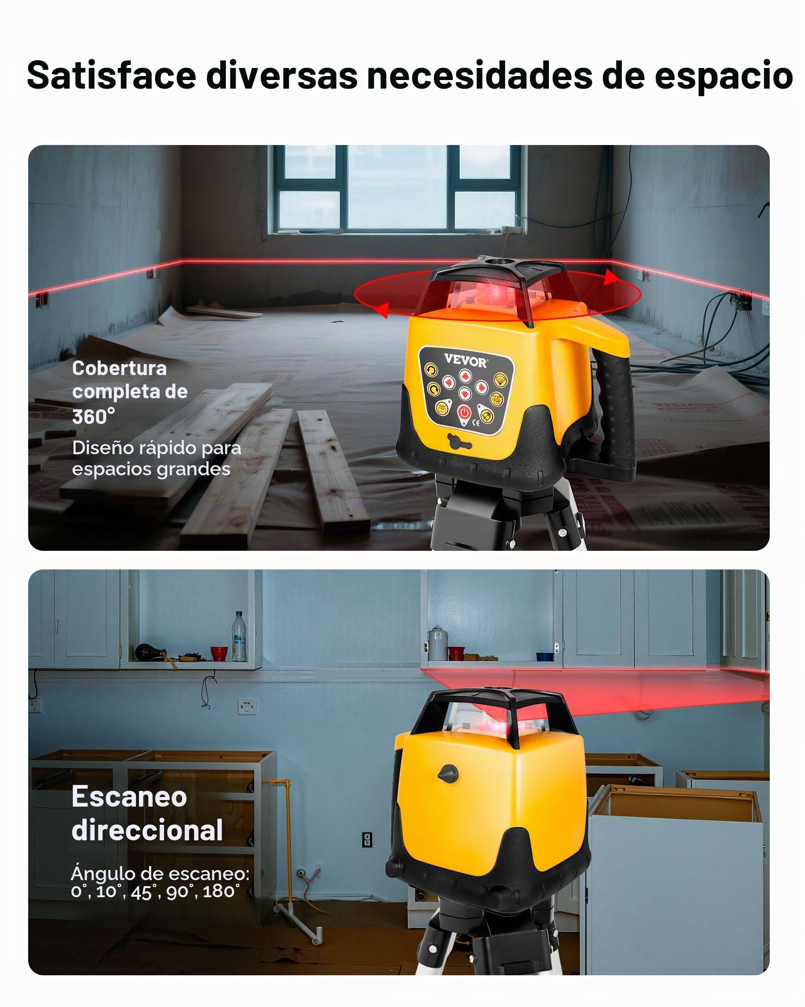 VEVOR Kit de Nivel Láser Giratorio de Haz Rojo, Alcance de 300 m, Inclinación Ajustable, Rotación de 360 ​​Grados, Estuche de Transporte, Resistencia al Agua IP54, Receptor de Control Remoto