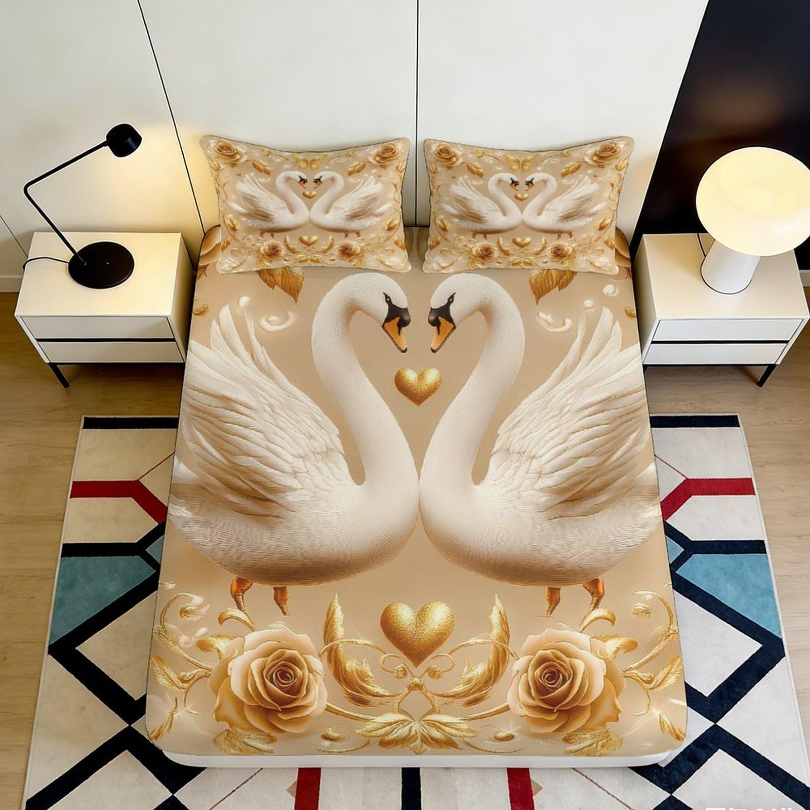 3D Printed Swan Style Fitted Sheet Microfiber Deep Pocket Non-Slip Bedroom Bedding Swans Mattress Fitted Cover Full Wrap 90x200x25cm