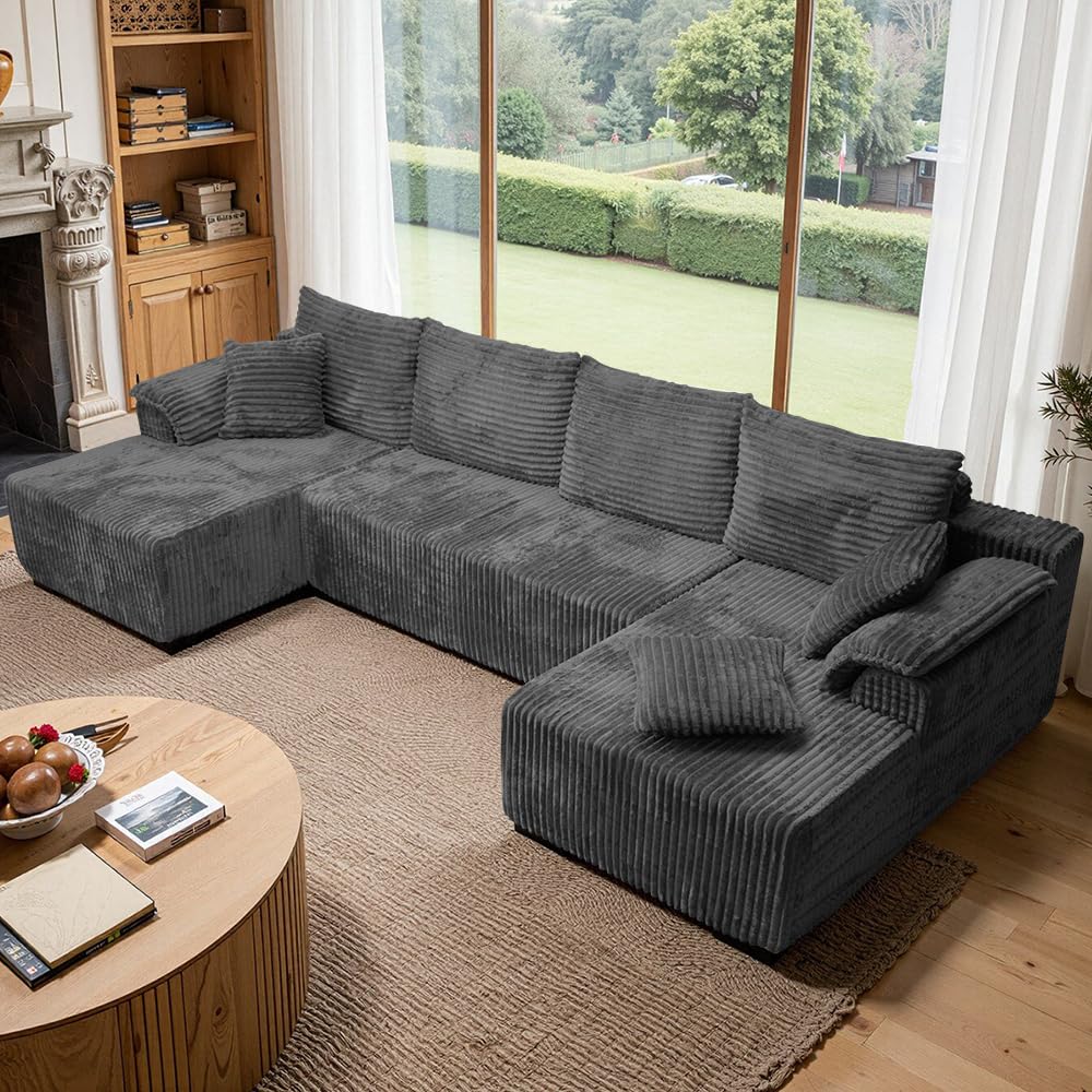 Sofa narożna w kształcie litery U, ciemnoszara, modułowa sofa ze sztruksu, kompresyjny zestaw wypoczynkowy z opakowaniem kompresyjnym – nie zajmuje dużo miejsca do salonu i rodziny