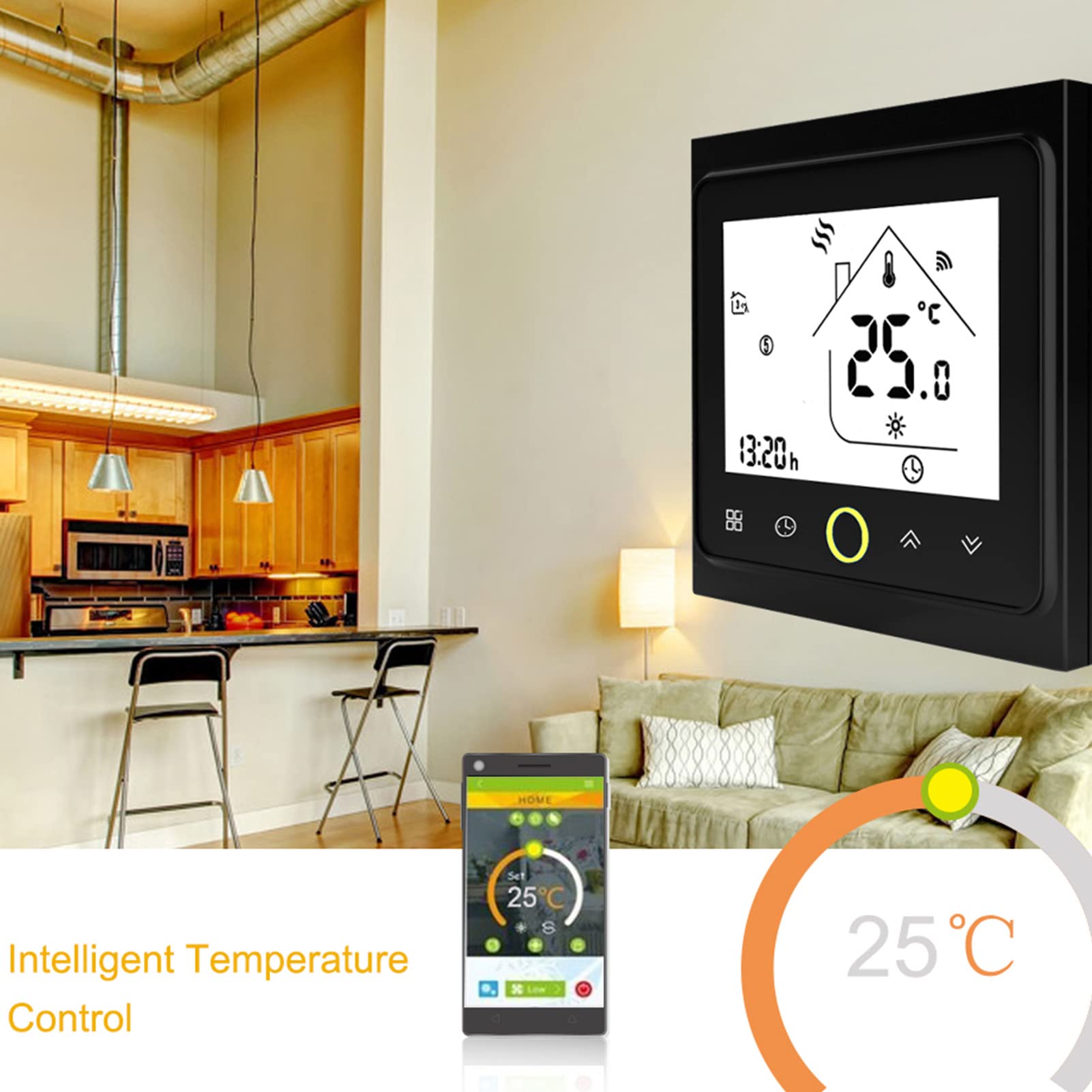 Pantalla táctil LCD, termostato de calefacción inteligente de caldera de alta precisión, control digital para uso doméstico, color negro