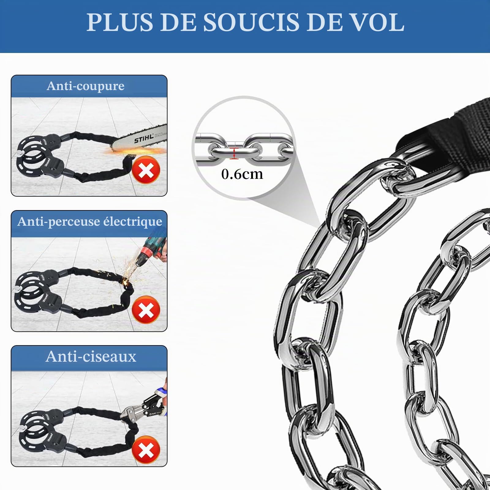 Antivol Trotinette Electrique, Cadenas Trotinette, Menotte Antivols Velo Avec Clés et Sac Etanche, Chaînes Antivol pour Bicyclette, Scooter, Vélo Electrique, Trottinette Auto-Equilibrée