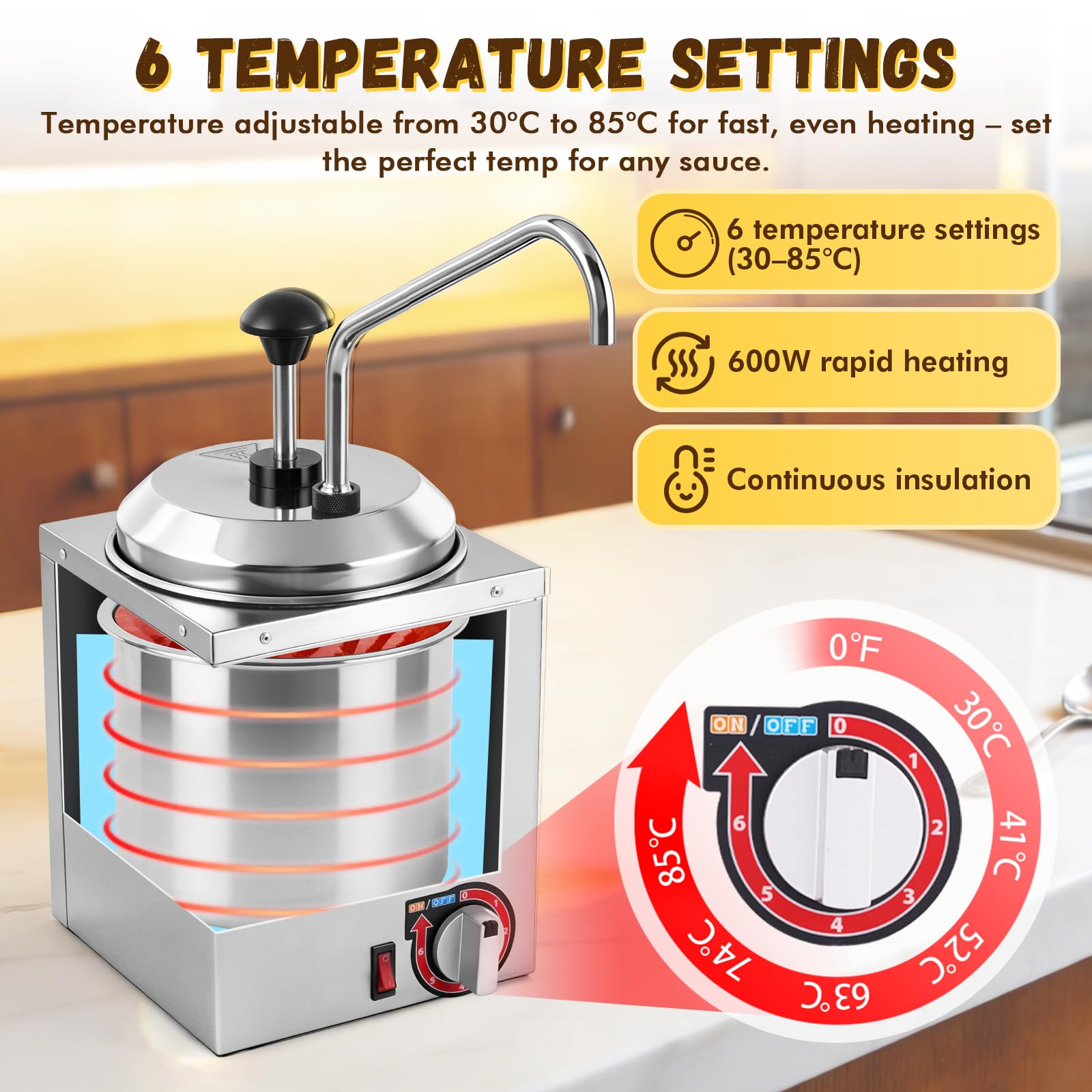 YJINGRUI Elektrischer Saucenspender, 2.5L/600W, 304 Edelstahl, 6 Temperaturstufen (30-85°C), 2 Bürsten, Commercial saucenwärmer mit spender für Ketchup, heiße Schokolade, Karamell