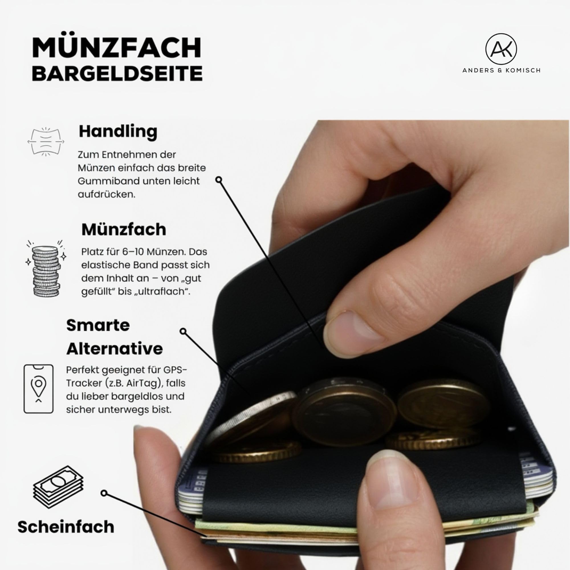 Anders & Komisch MINI PRO Karten Portemonnaie mit Münzfach Herren - Kleiner Geldbeutel Damen nachhaltig und clever - Minimal Wallet Handarbeit aus Deutschland (Schwarz) 9 x 5,5 cm