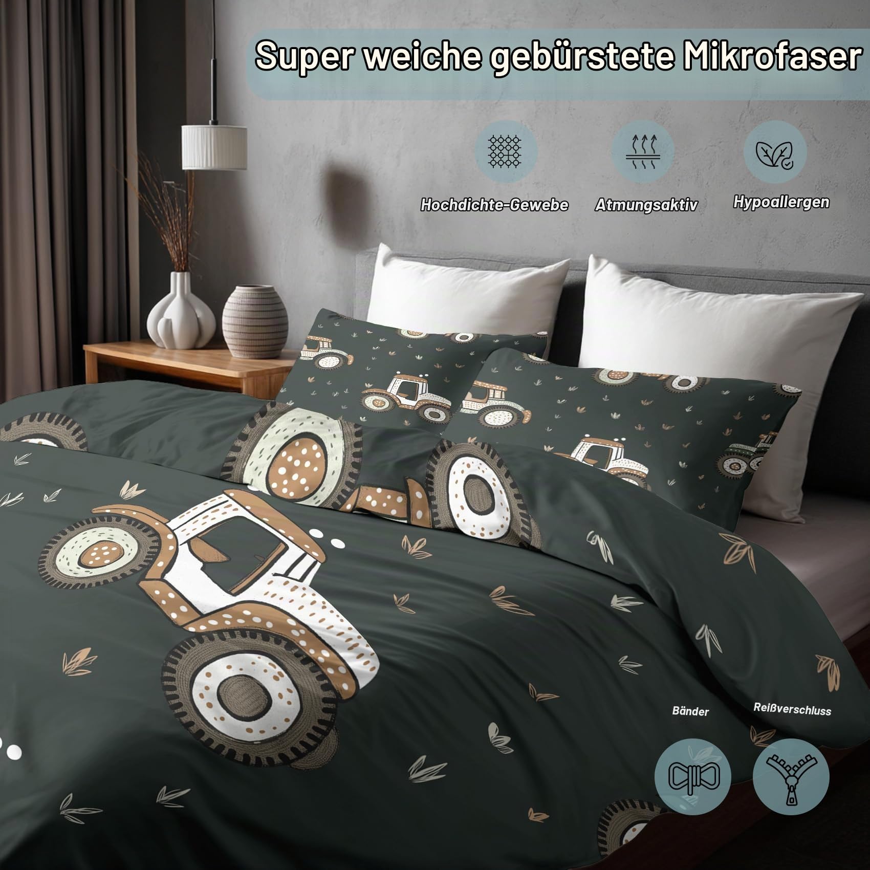 Generisch 135x200 Bettwäsche Traktor Bettbezug - 2tlg, 1 Kissenbezug 80x80, Cartoon Bauernhof Muster, Schlafzimmer Deko, Weiche Mikrofaser Wendebettwäsche mit Reißverschluss - IL270