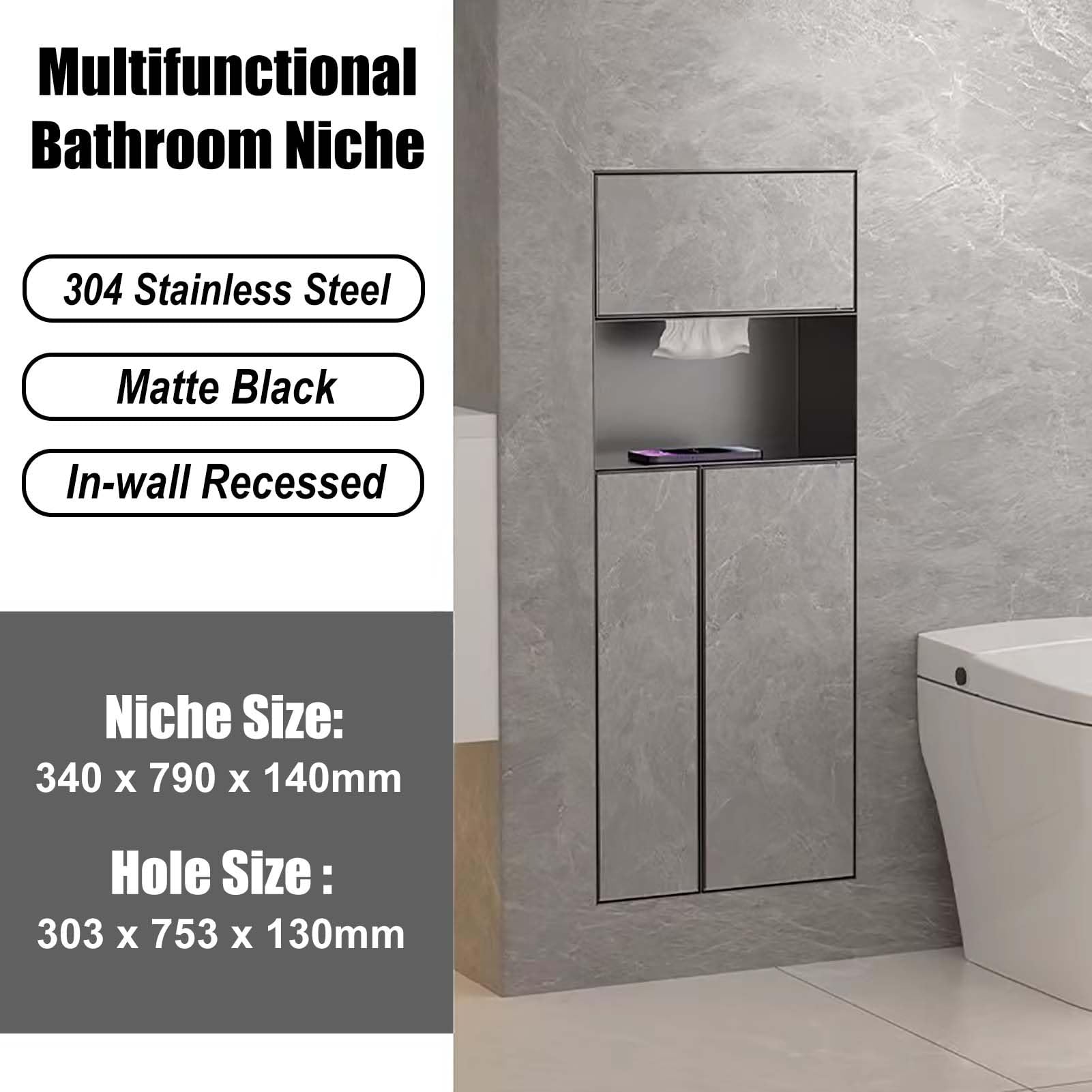 Nicho de Ducha Empotrable Portarrollos de Papel Higiénico Empotrado con Repisa para Teléfono, Nicho para Papel Higiénico de Pared para Azulejos, Porta Rollos de Papel y Papelera
