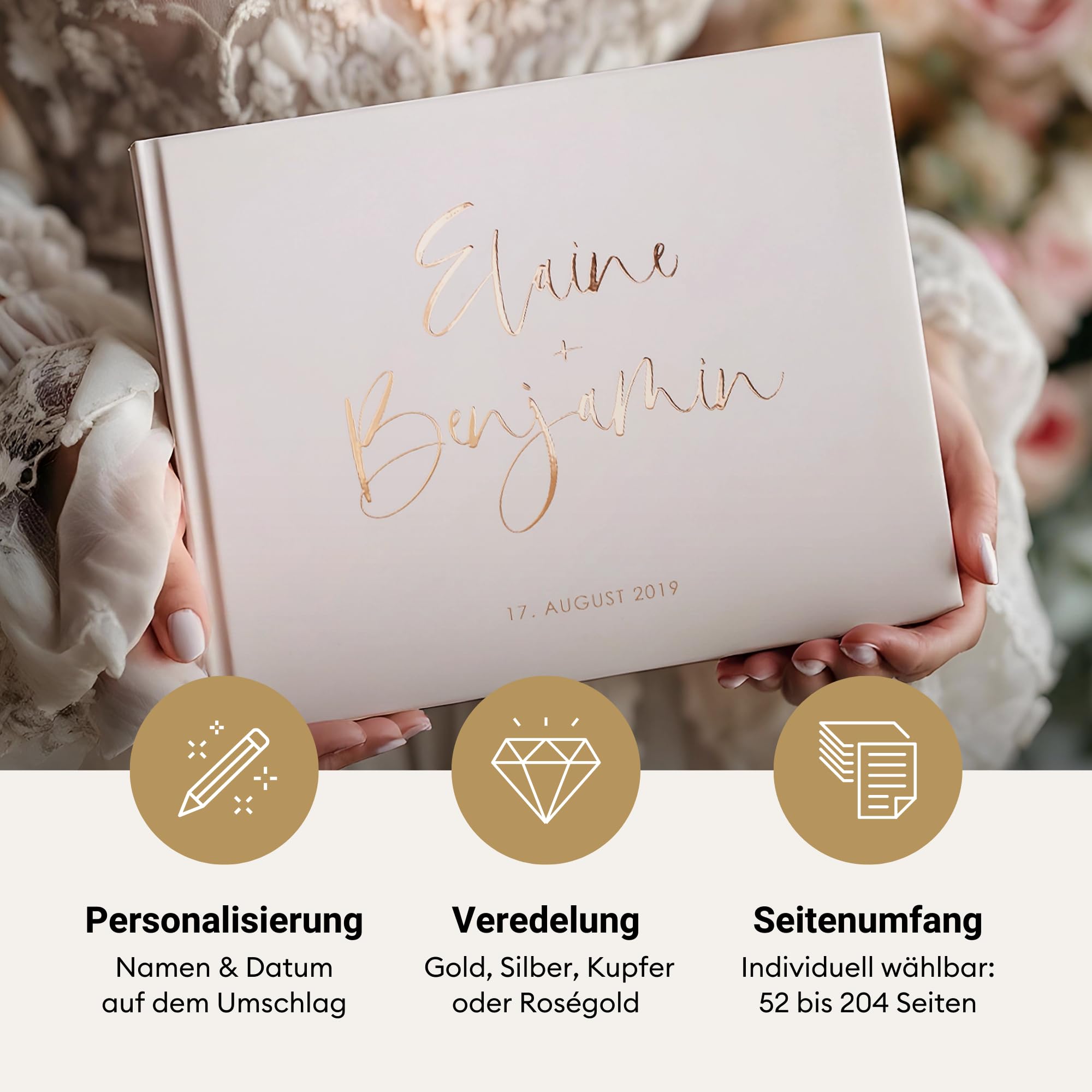 Deluxe Hochzeitsgästebuch | Gästebuch zur Hochzeit personalisiert | Veredelung in Gold, Rosé-Gold, Silber oder Kupfer | A4 quer | Beige, Inhalt blanko - weiße Seiten