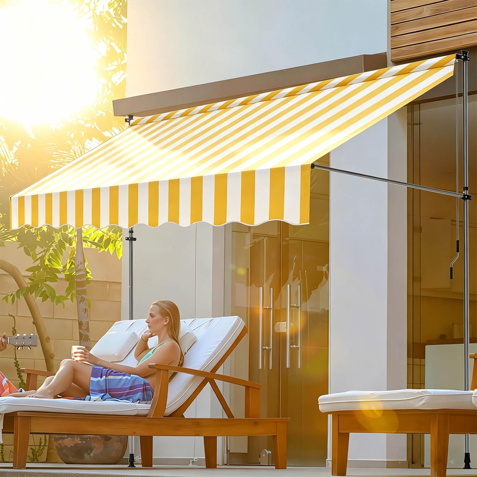 Auvent Rétractable sans Perçage pour Jardin, 200/350cm Store Banne Manuel Terrasse, avec Manivelle， aux UV Protection Solaire et Imperméable(Yellow White,118"x59")
