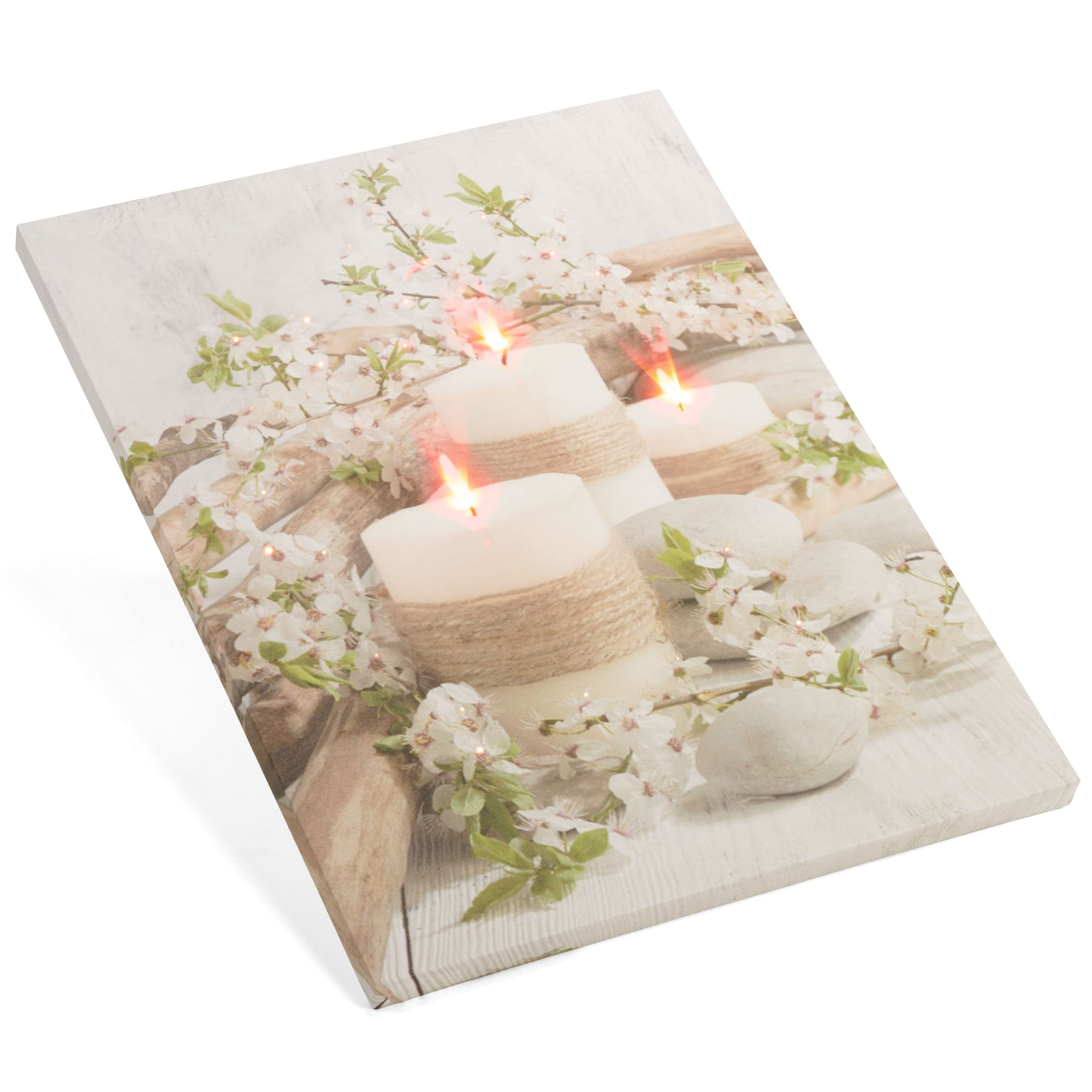 Nexos Trading LED Wandbild Leinwandbild mit Beleuchtung Timer Fotodruck Kerzen Arrangement 30x40 cm Kunstdruck Leuchtbild 3 warmweiße Flacker Effekt LED Wellness 30 Glasfaser