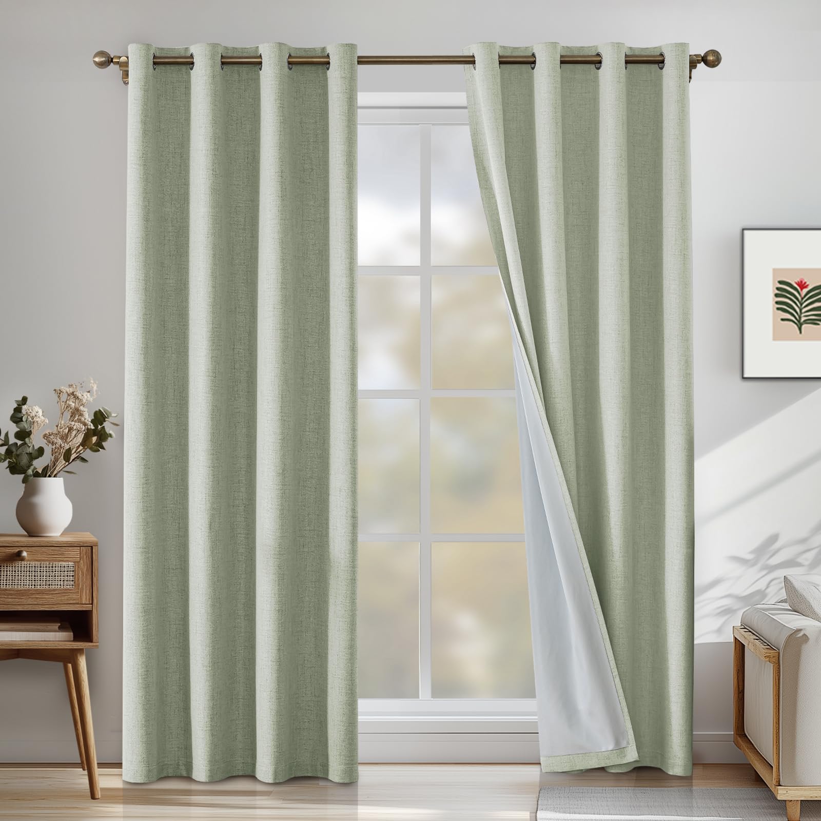 Rideaux occultants à oeillets acoustiques et thermiques effet lin vert clair 117x228cm lot de 2