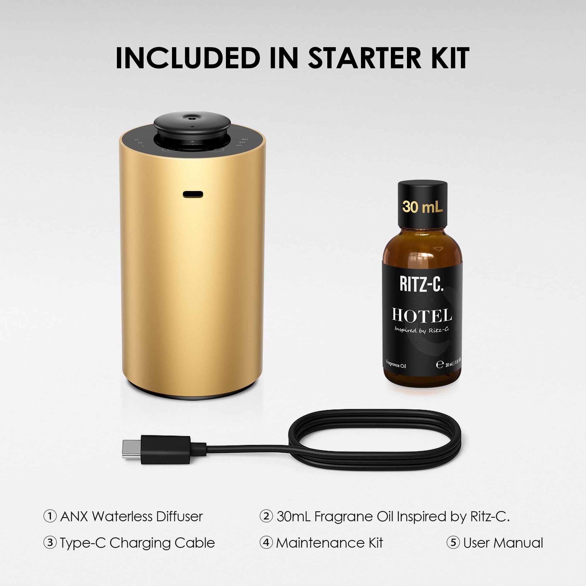 Kit de démarrage avec diffuseur d'huiles essentielles sans eau avec 30 ml d'huile parfumée inspirée par Ritz-C, mini machine à air parfumée portable de qualité supérieure à piles pour la maison, la