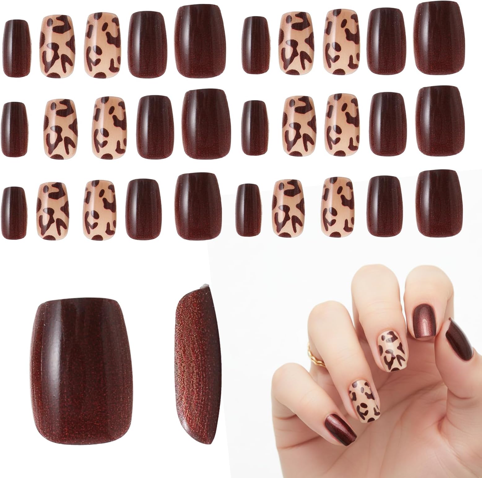 30 Pcs Short Square Press on Nails French False Nail with Leopard Print Designs Full Cover Acrylic Manicure Decoration Glossy Fake Nail for Women Nails Art