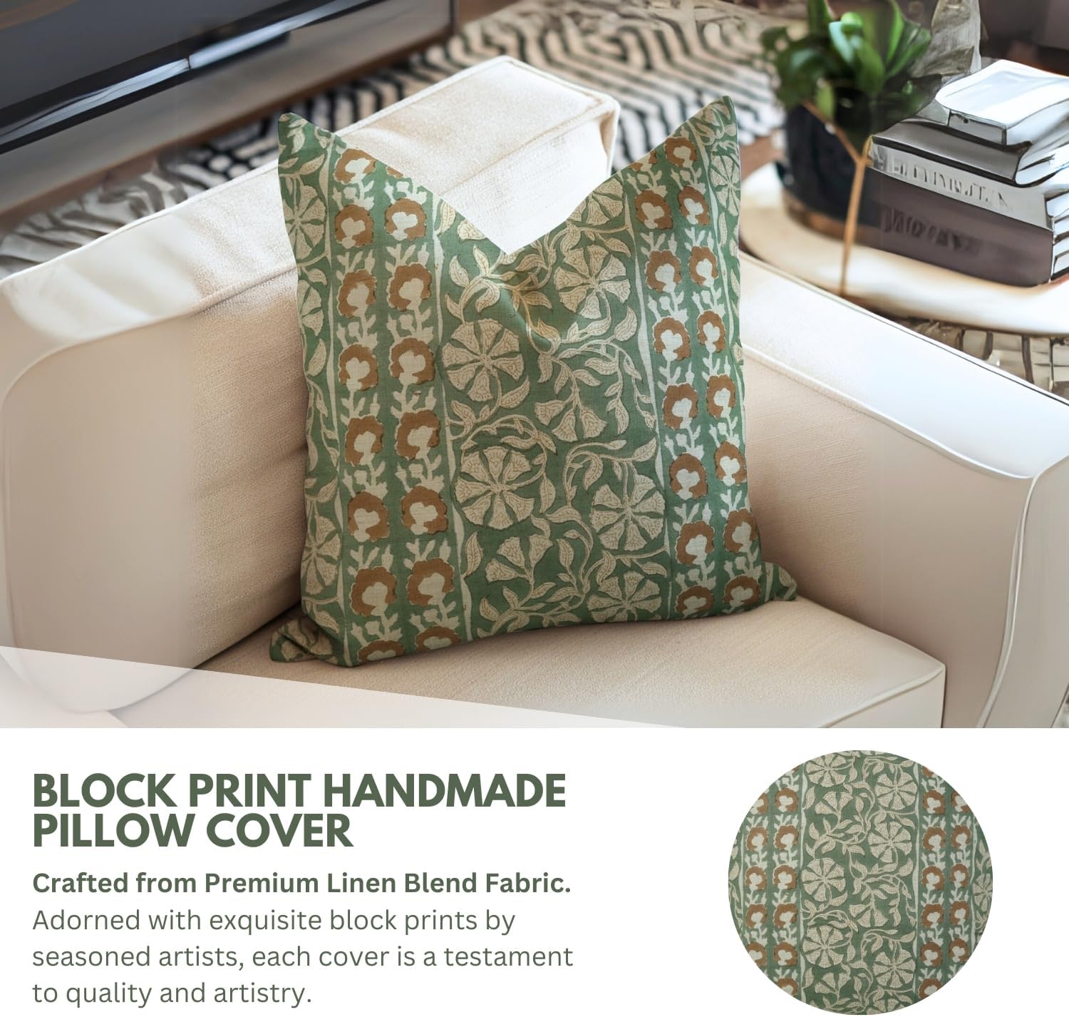 Green Brown Handmade Block Print Flower Pillow Cover, Plush Linen Fabric Square 18"X18" Vintage Living Room Rustic Spring Winter, Home Office Decorative Cushioncase, Rudraksh