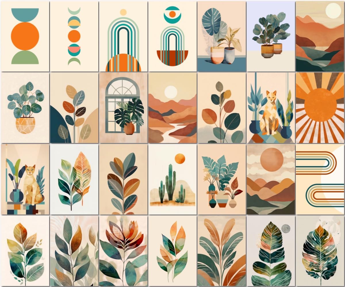 KARTMEN Paper 28 Pcs Aesthetic Boho Mid Century Art Prints, Modern Wall Decor, Boho Collage Posters For Room Decoration Wall Decor,Aesthetic, A6 Size (10.5 X 14.85 Cm)
