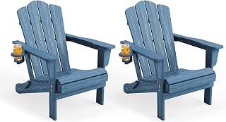 KINGYES Folding Adirondack Chairs Set of 2 with Hidden Cup Holders - HDPE Weatherproof Patio Chairs, Navy Wood Grain for Deck & Poolside