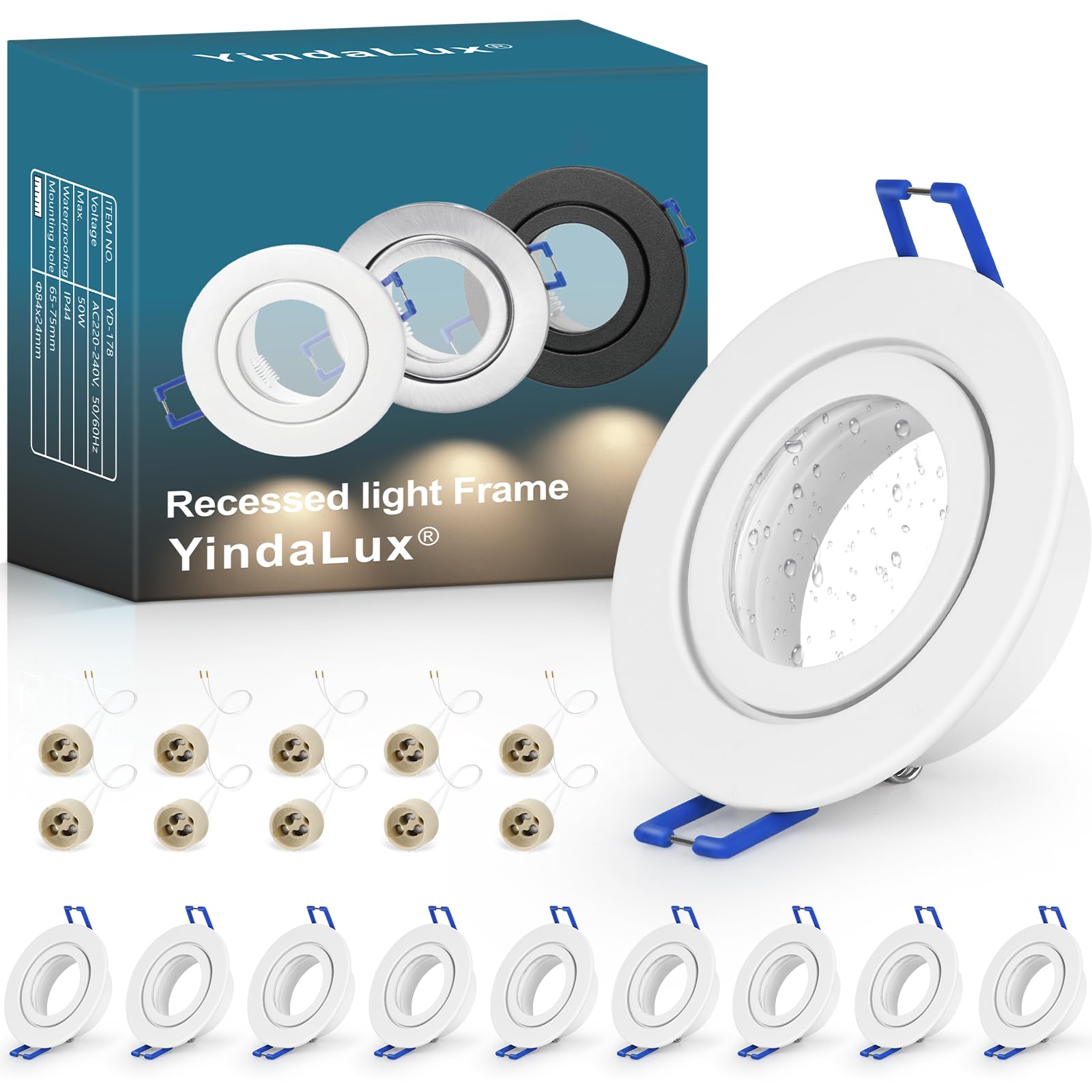 YindaLux 10 Pack GU10 Downlight Frames IP44 White, Aluminium Recessed Spotlight Bezels for Bathroom, 230V Ceiling Spots with GU10 Holder, Ø84mm, Cut-Out 65-75mm, Bulb Not Included