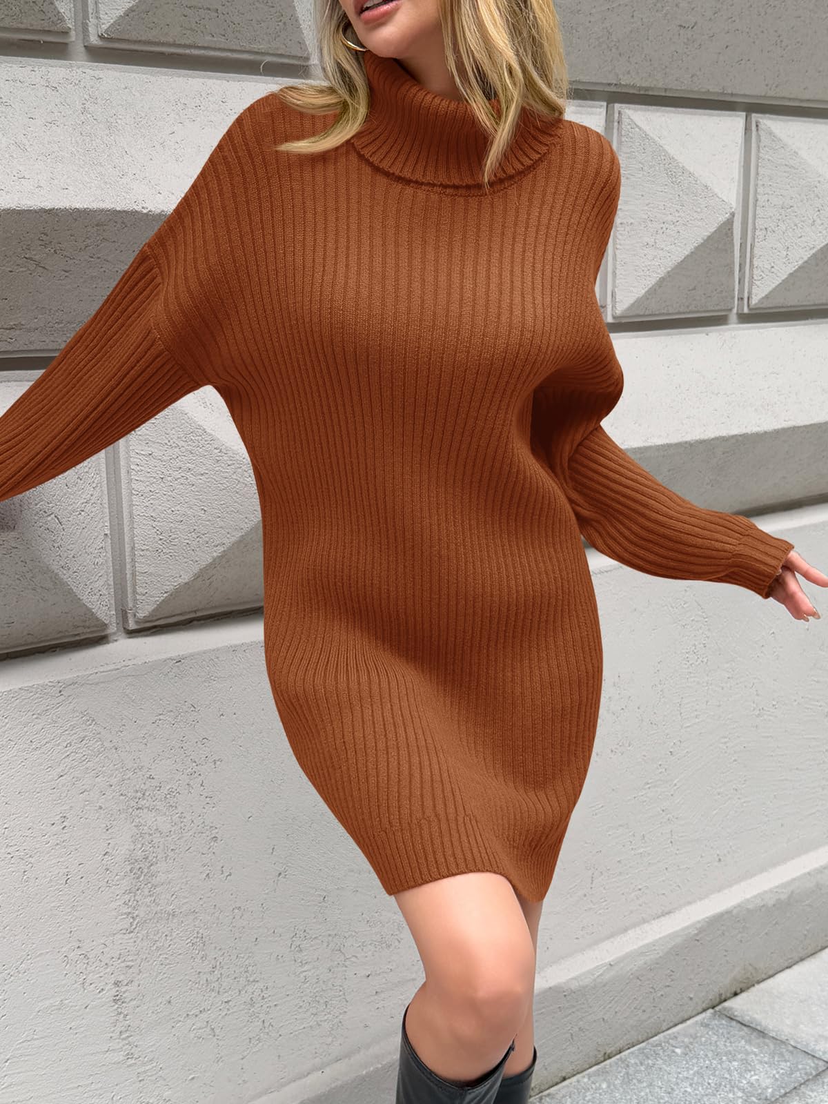 Saodimallsu Damen Strickkleid Langarm Rollkragenpullover Kleid Oversized Laternenärmeln Minikleid Casual Einfarbig Pullover Herbst Winter