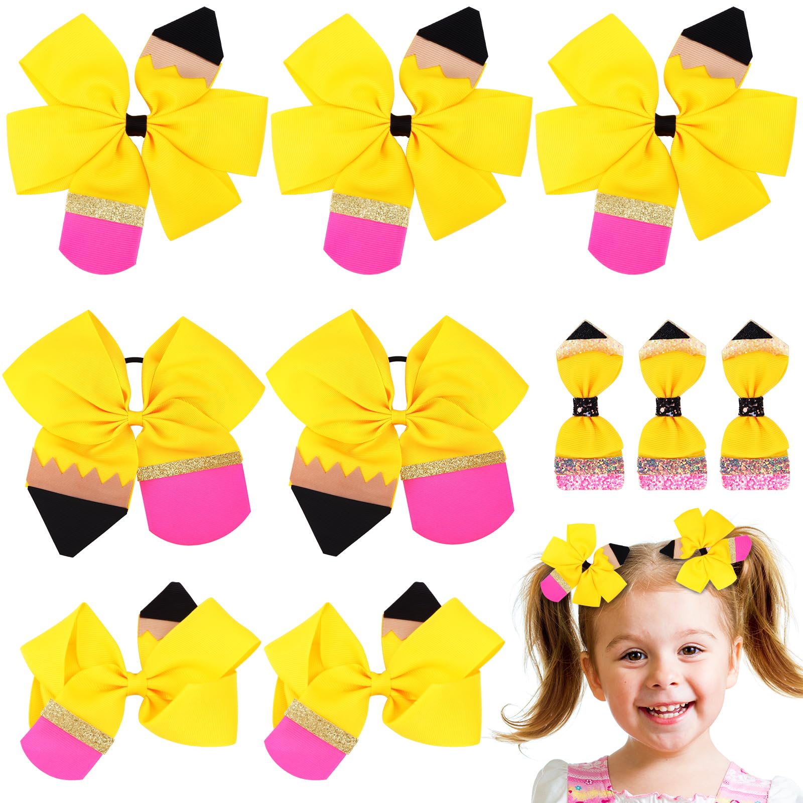 10 Pcs Back to School Pencil Hair Bows Clips, Yellow Pencil Bows Big Hair Clips School Bows for Girls Kindergarten 1st 2nd 3rd 4th 5th Grade Girls' Hair Accessories