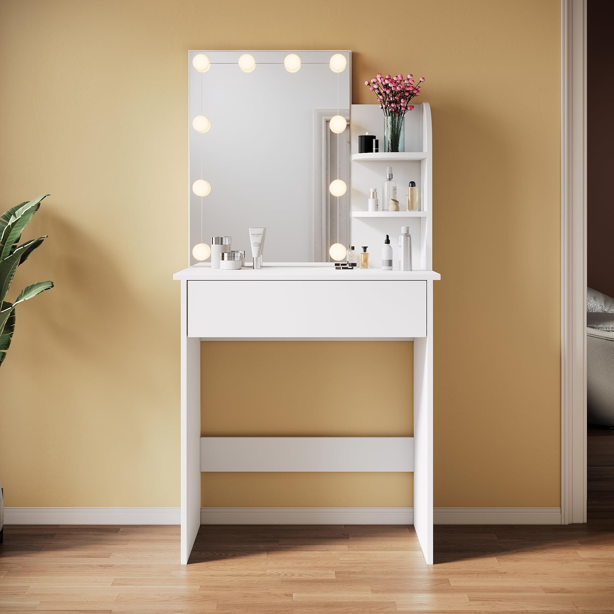 Tocador con espejo, 70 x 40 cm, con iluminación LED, para mujeres y niños, con cajones y estantes abiertos, 140 cm de altura (blanco)