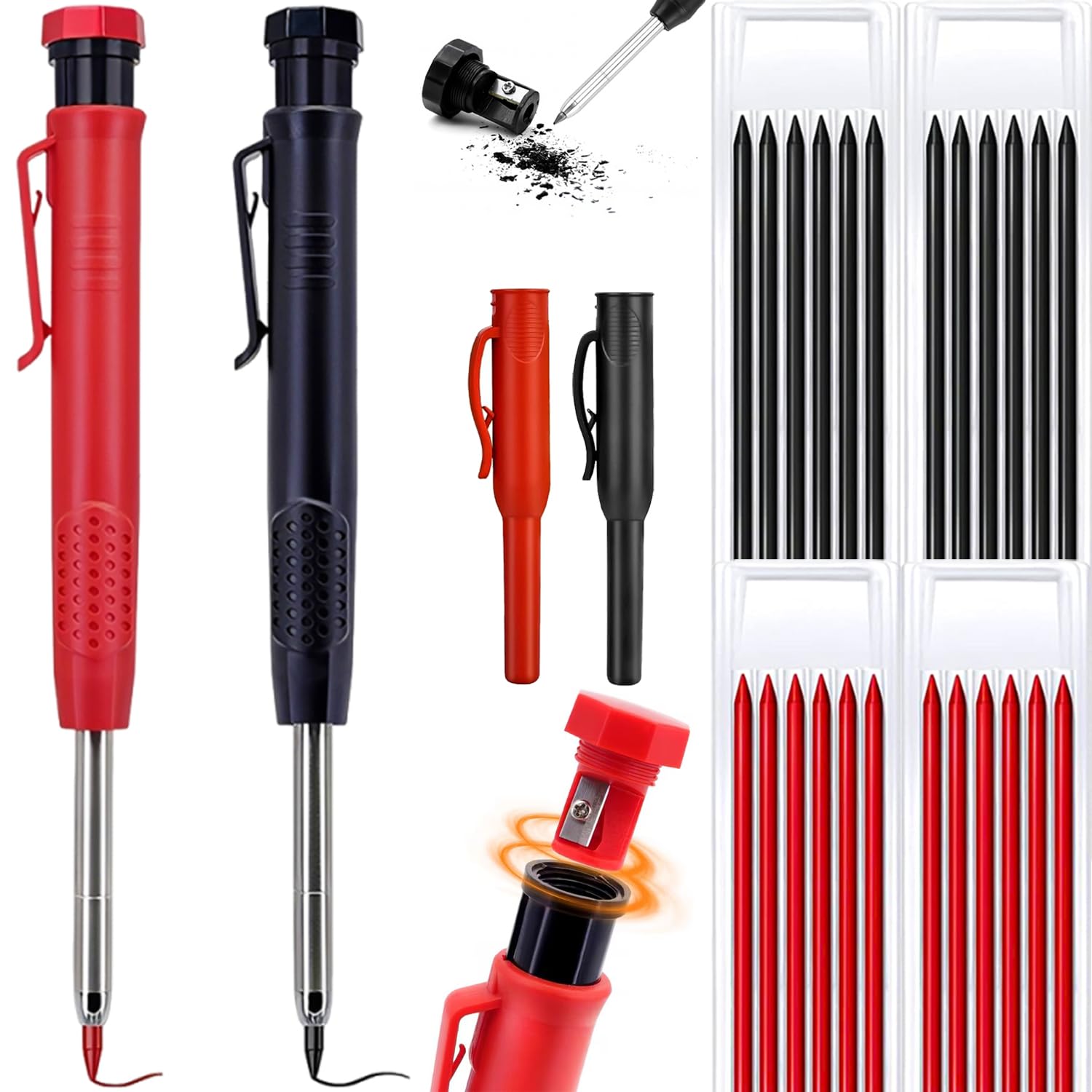 2 Pack Carpenter Pencil, Mechanical Construction Pencil Set with 26 Pcs Refills, Tracer Pencil with Sharpener, Work Pencils for Builders, Joiners Pencil, Deep Hole Marker Woodworking Tool (Black+Red)