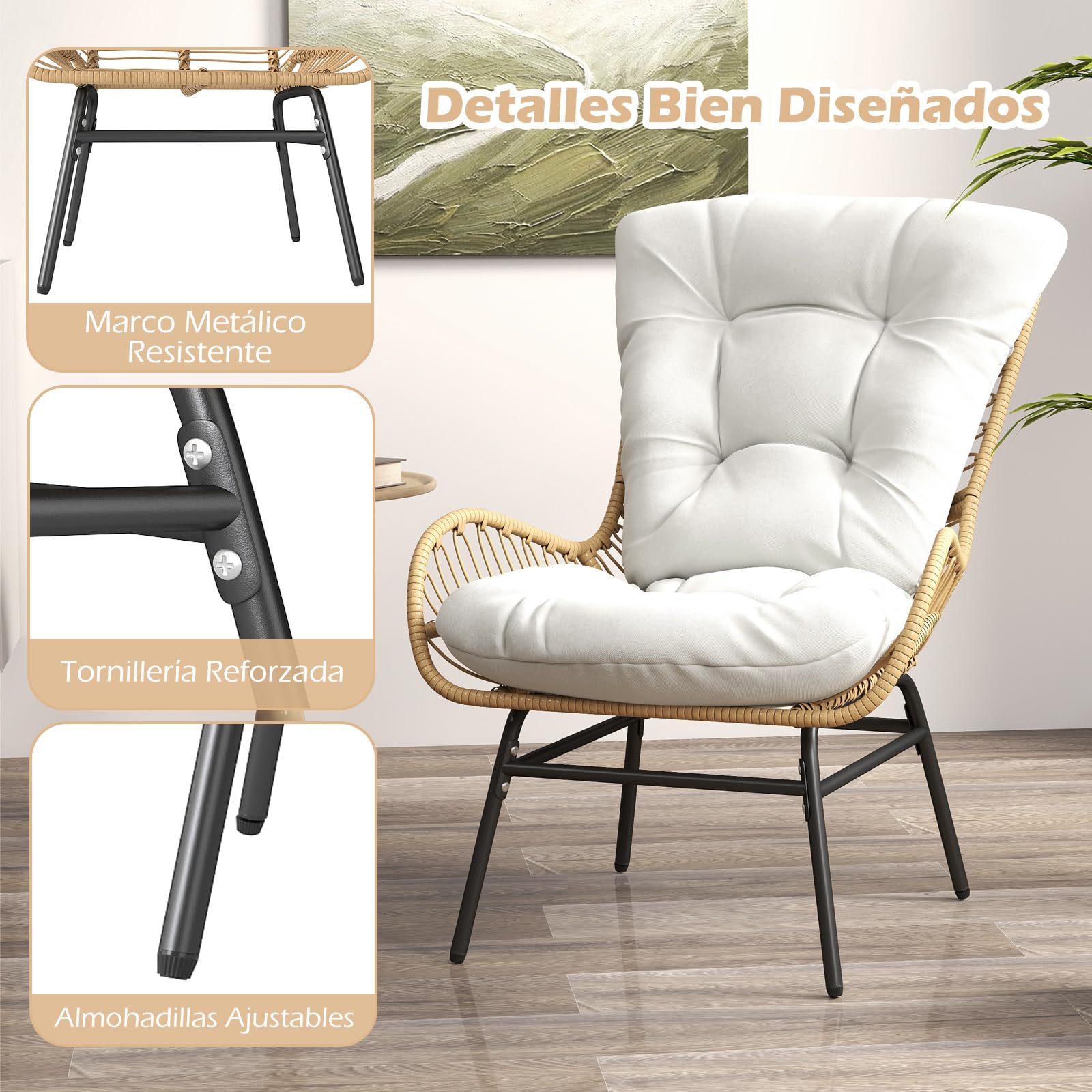 COSTWAY Sillon de Ratan con Cojin, Marco Metálico, Sillones para el Salón, Butaca Dormitorio Jardin Terraza Interior Exterior, 84 x 68 x 87 cm, Carga 180kg, Natural (1)