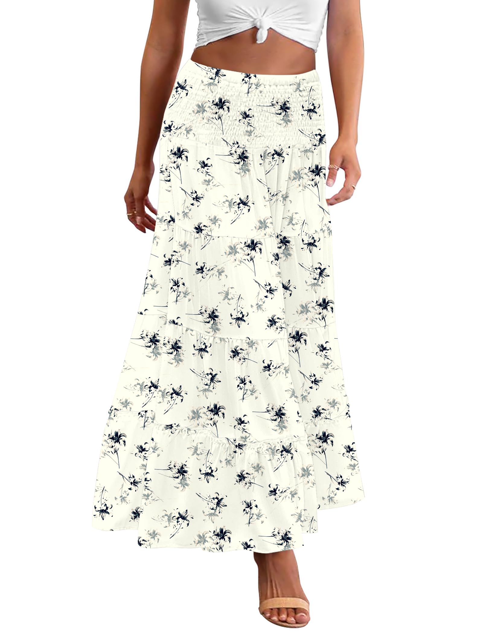 Zeagoo Women's Long Maxi Skirts Tiered Elastic High Waist Boho Double Layered Print A-Line Casual Midi Dress