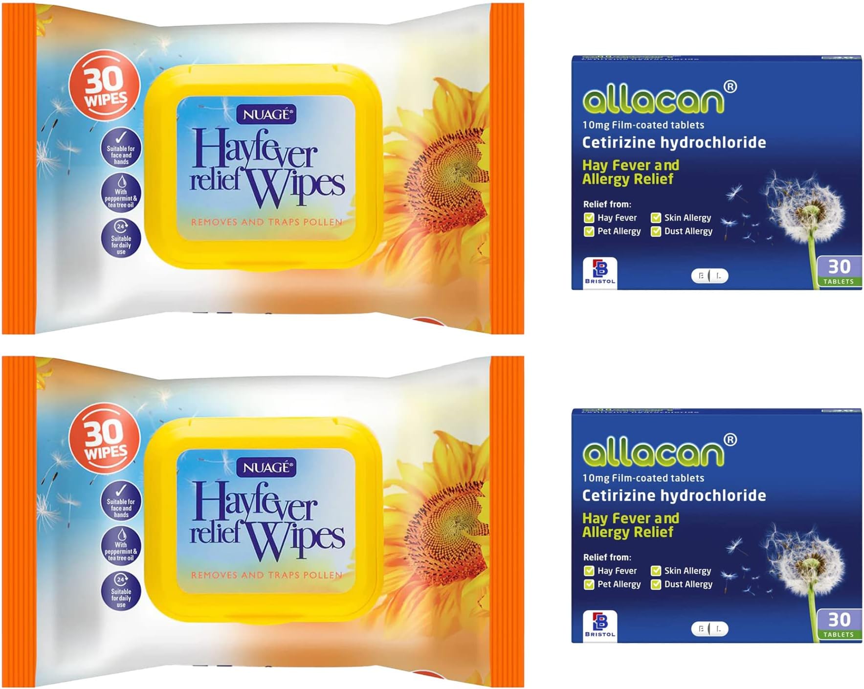 Allergy Relief Pack - 2 Packs of Hand and Face Wet Wipes (60 Wipes), 2 Packs Allacan Cetirizine Hayfever Allergy Tablets (60 tablets)