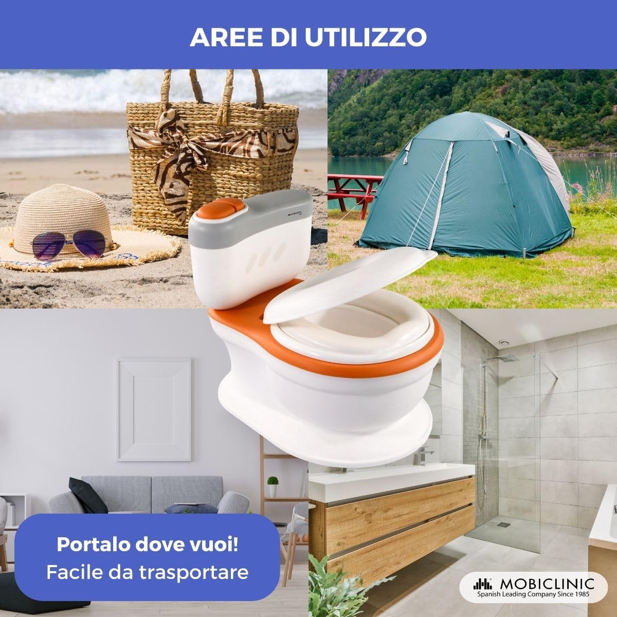 Mobiclinic® kids, Vasino, Toikid, Età 1-3 anni, Con coperchio, Risciacquo acustico, Scomparto per la carta igienica, Funzionamento a batteria, Secchio rimovibile, Sedile impermeabile (arancione)