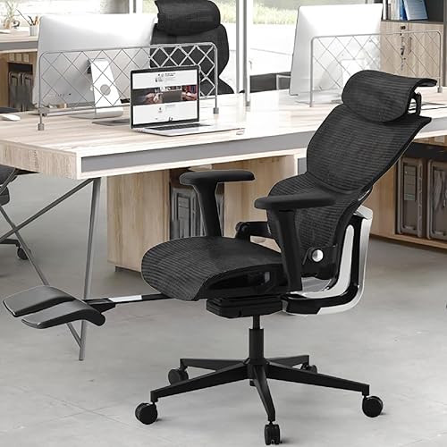 Miniatura 6 de Silla de oficina ergonómica de malla con reposapiés, silla ejecutiva de oficina en casa con soporte lumbar, silla ergonómica para juegos de